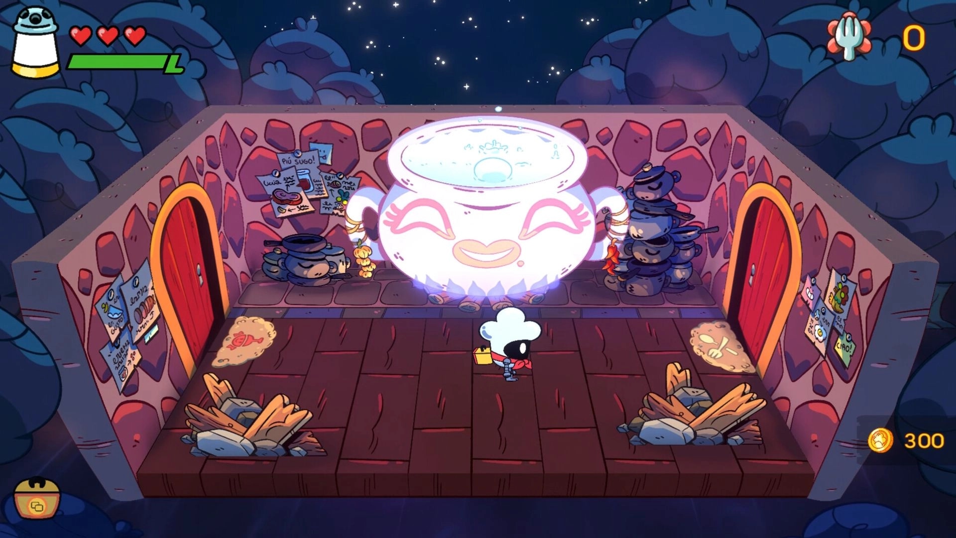 Monster Chef: Pranzo approaches a large glowing pot in a cozy, stone-walled room with posters.