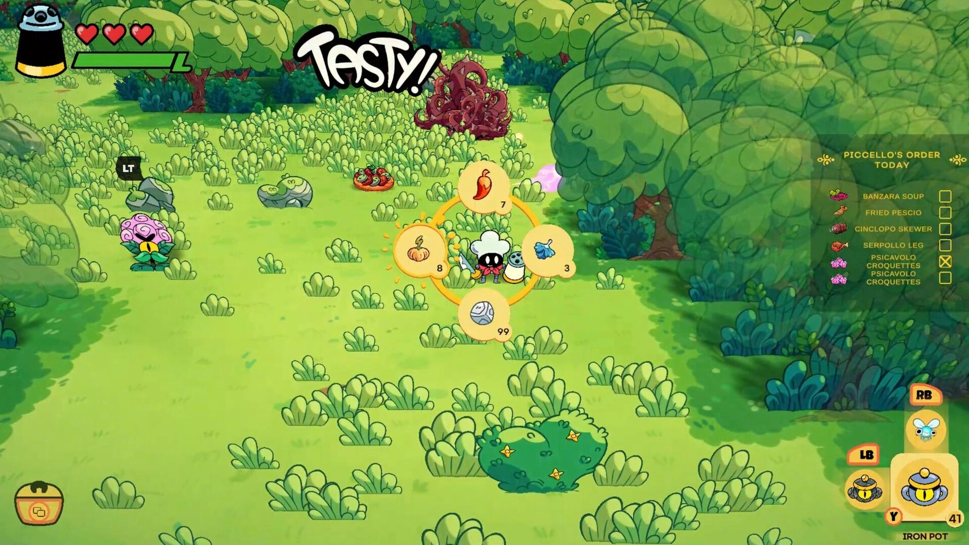 Monster Chef: Pranzo selects ingredients in lush forest with menu showing today's monster dish orders