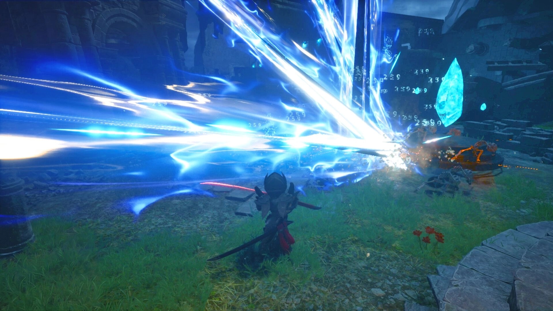 Monster Fantasy: Hero unleashes a huge blue energy slash in grassy ruins beside glowing crystals.