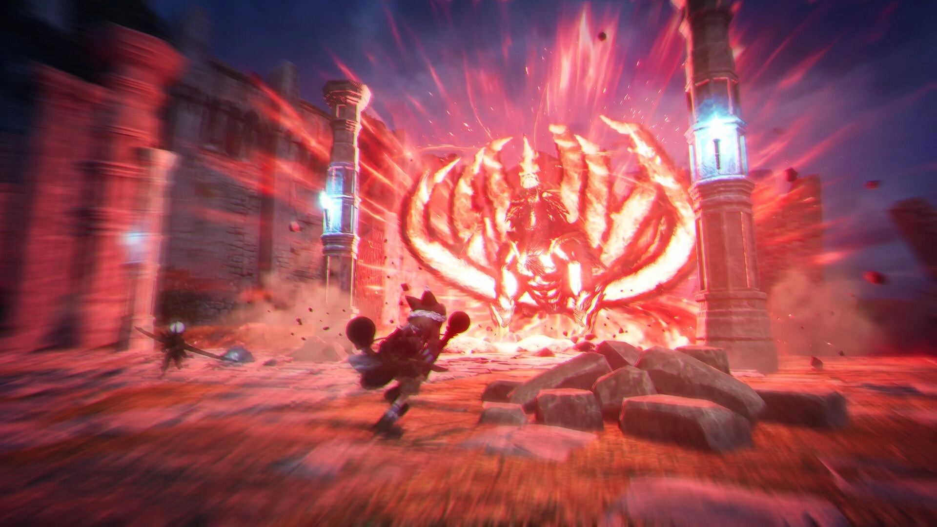 Monster Fantasy: Player dodges a fiery horned boss explosion in a ruined stone courtyard at dusk.