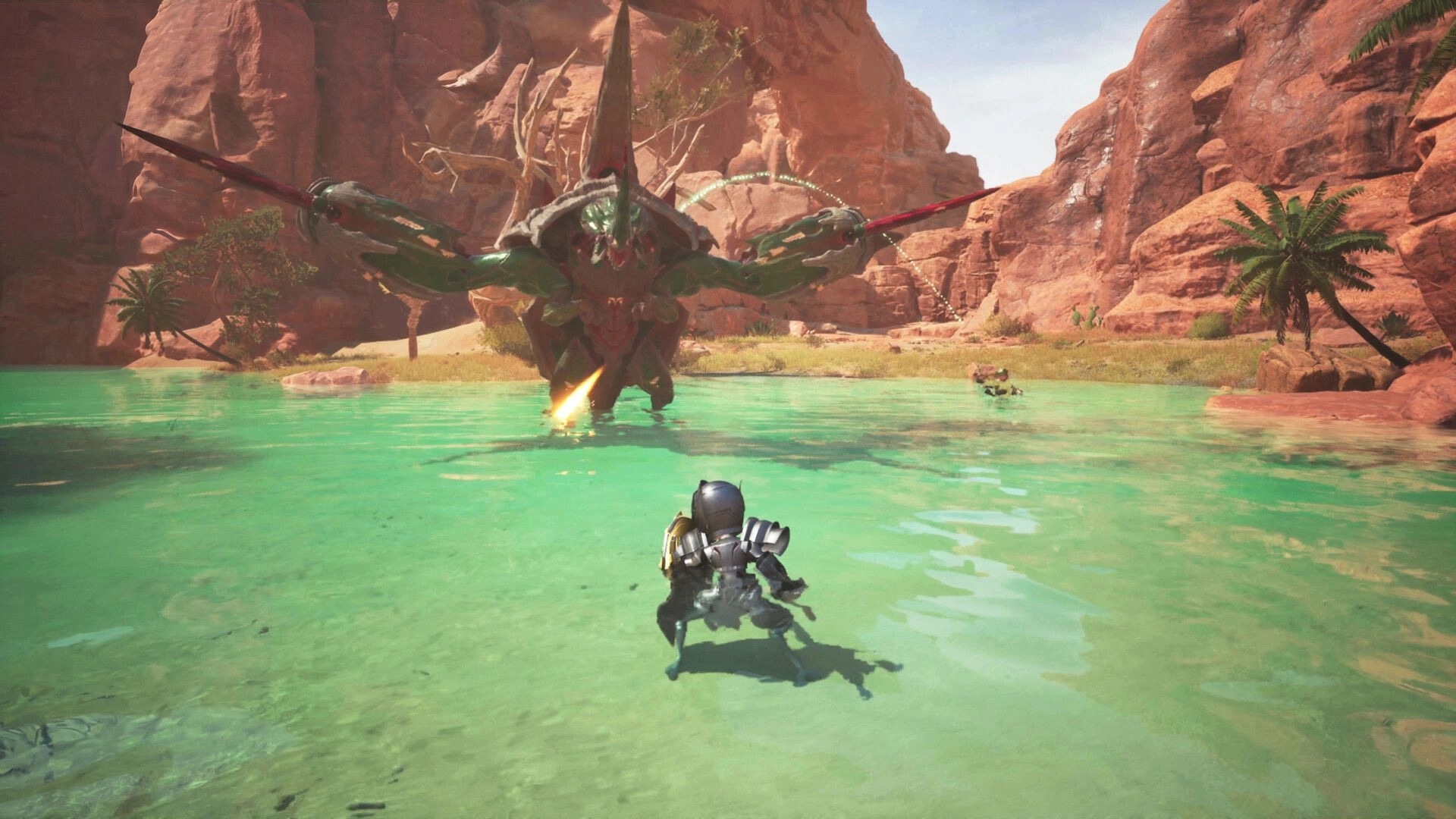 Monster Fantasy: Armored hero wades in lagoon facing a giant winged monster in a red canyon oasis.