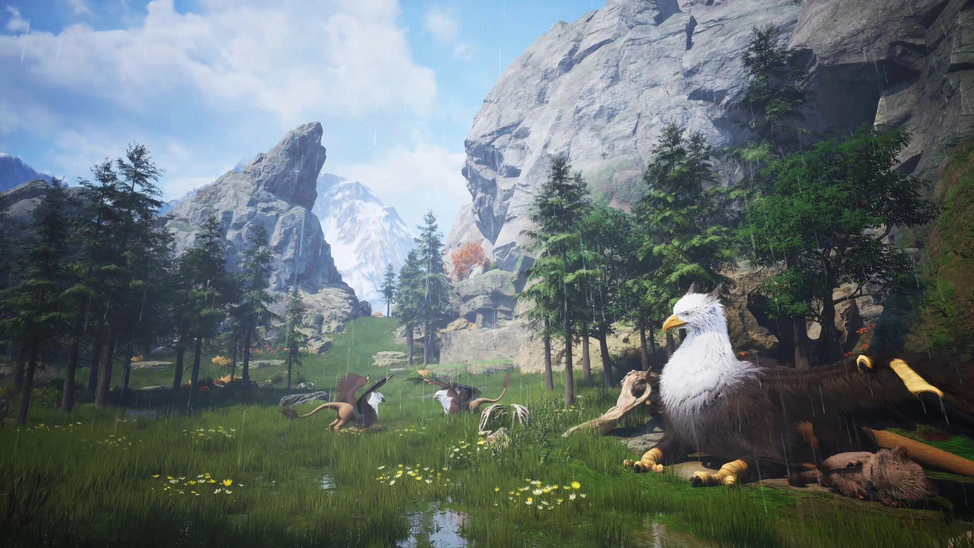 Monster Fantasy: Resting griffin beside bones in rainy pine valley with towering cliffs and peaks.