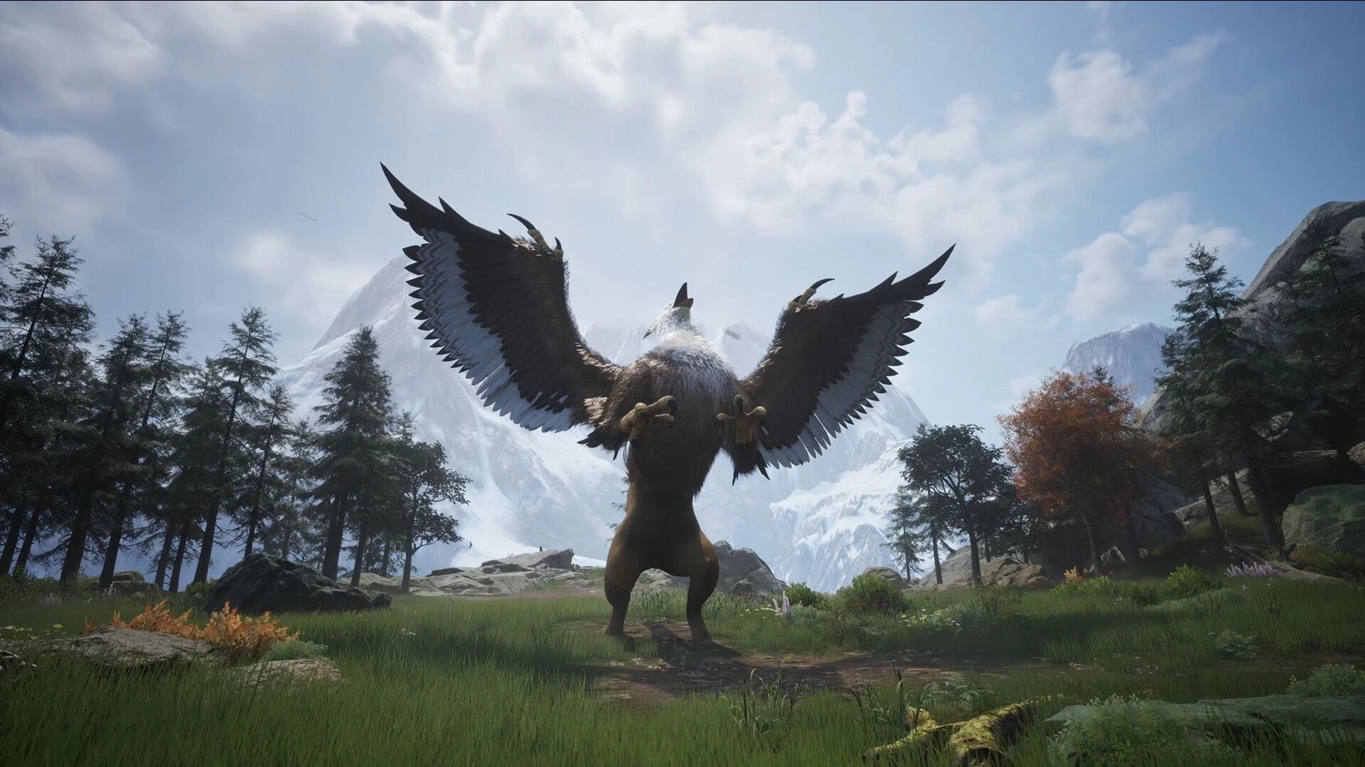 Monster Fantasy: Winged griffin-like monster rears with wings spread in a mountain forest clearing.