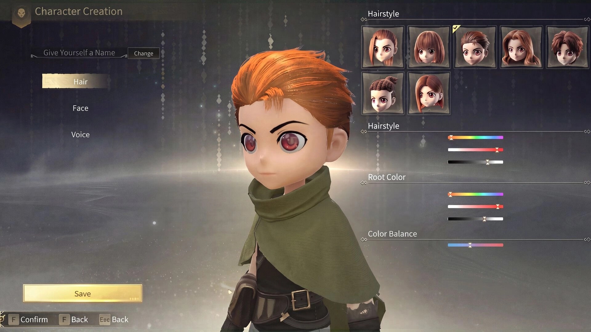 Monster Fantasy: Character creation menu adjusting hairstyle and color sliders beside a chibi hero model.
