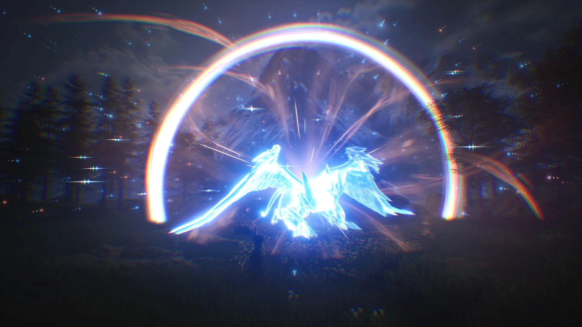 Monster Fantasy: Glowing winged beast unleashes radiant burst under rainbow arc in a dark forest clearing.