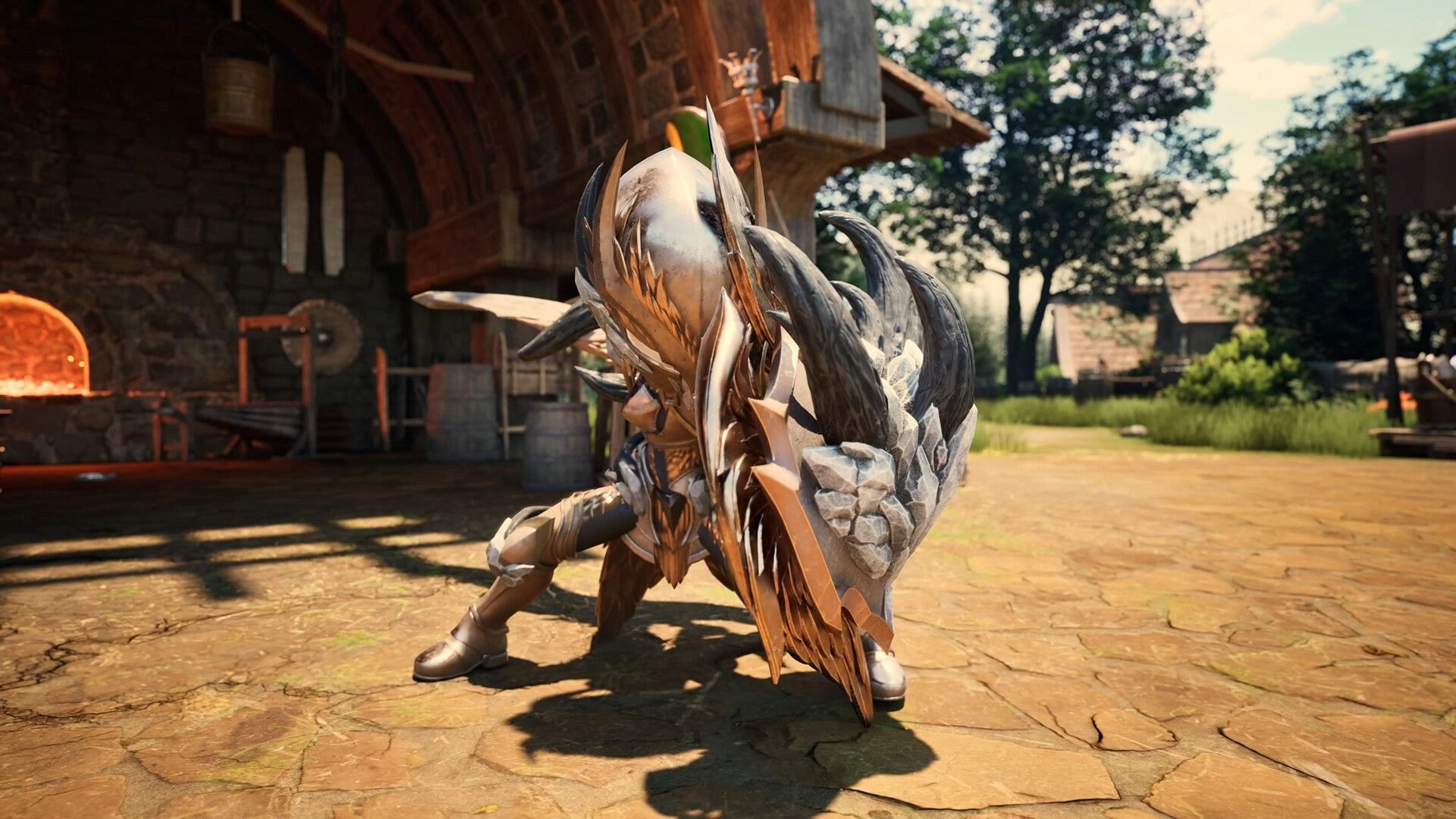 Monster Fantasy: Armored hero braces behind huge spiked shield in a sunny village blacksmith yard.