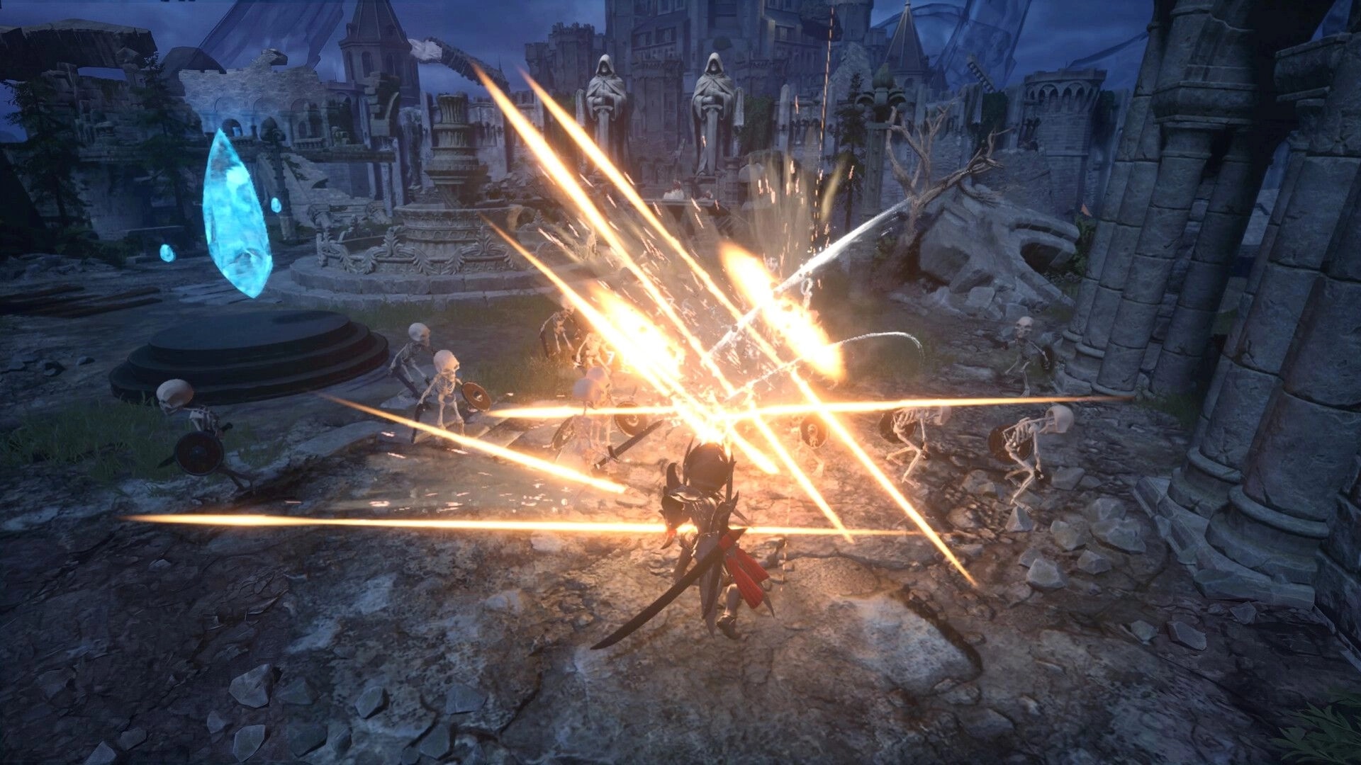 Monster Fantasy: Hero unleashes a bright slash attack on skeletons in ruined stone courtyard at night.