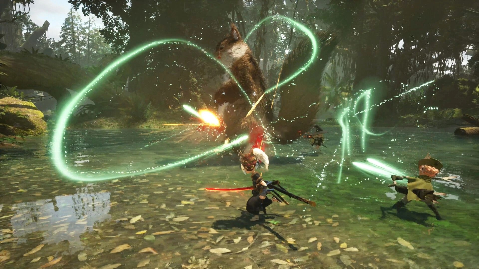 Monster Fantasy: Party slashes a huge bird monster with green arc effects in a forest river arena.