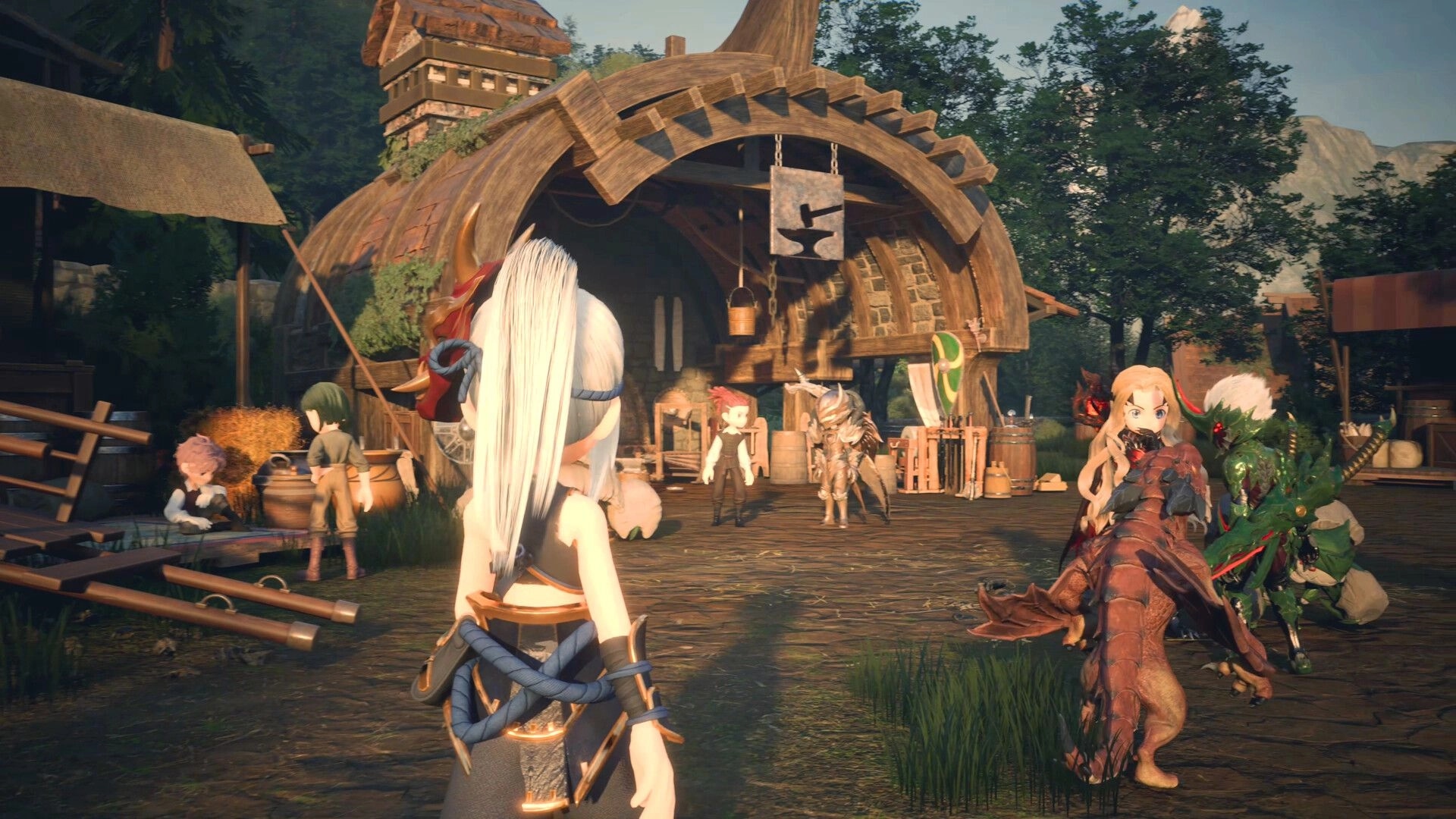 Monster Fantasy: Party stands outside a rustic forge workshop with NPCs and gear racks in a village yard.