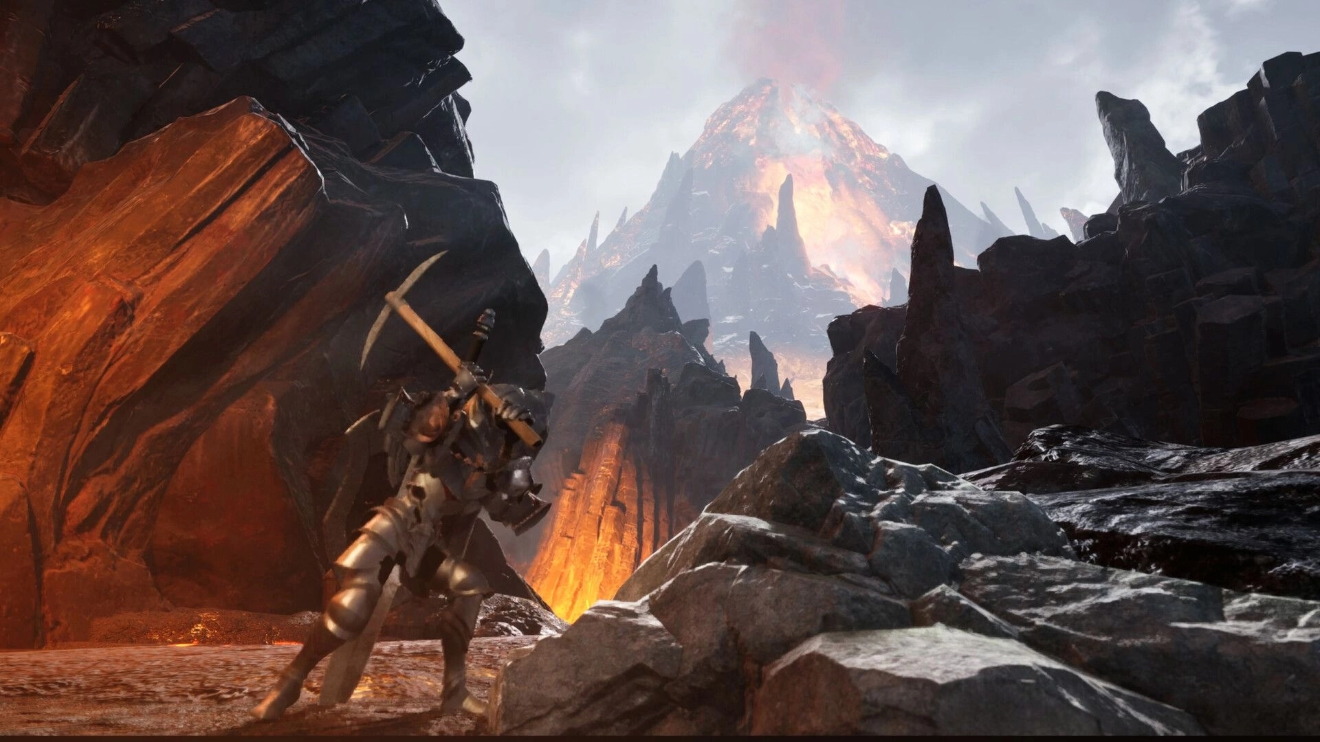 Monster Fantasy: Armored hero with pickaxe exploring rocky lava canyon beneath a smoking volcano peak.