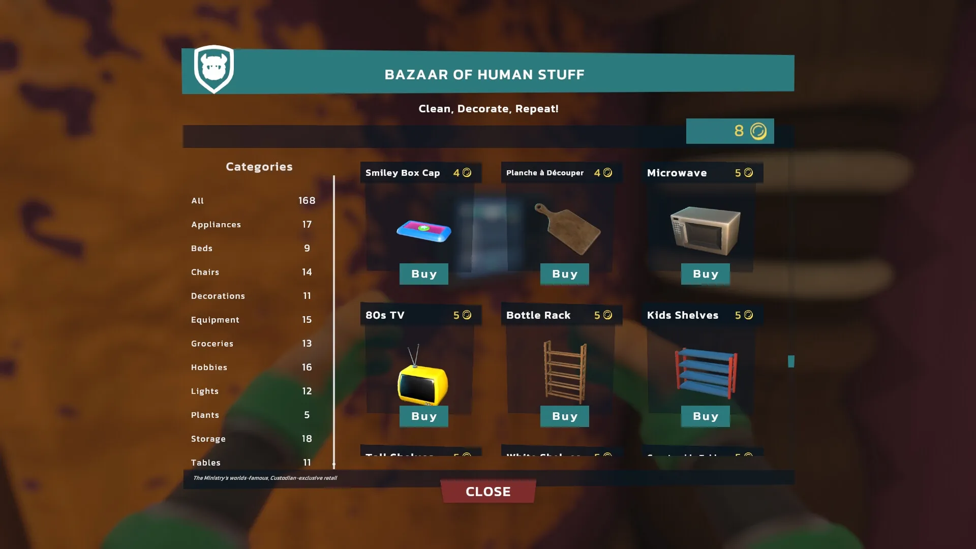 Monster Mop Up: Bazaar of Human Stuff shop interface with various items and categories listed