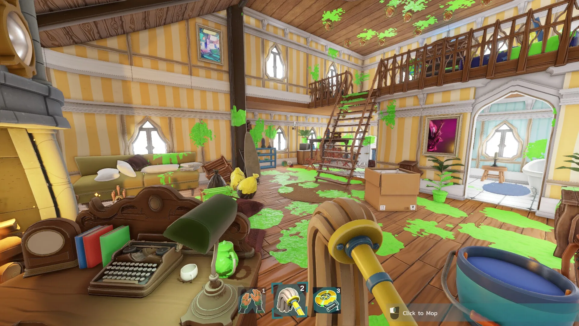 Monster Mop Up: Cleaning green stains in a cozy living room with mop tool and inventory UI visible.