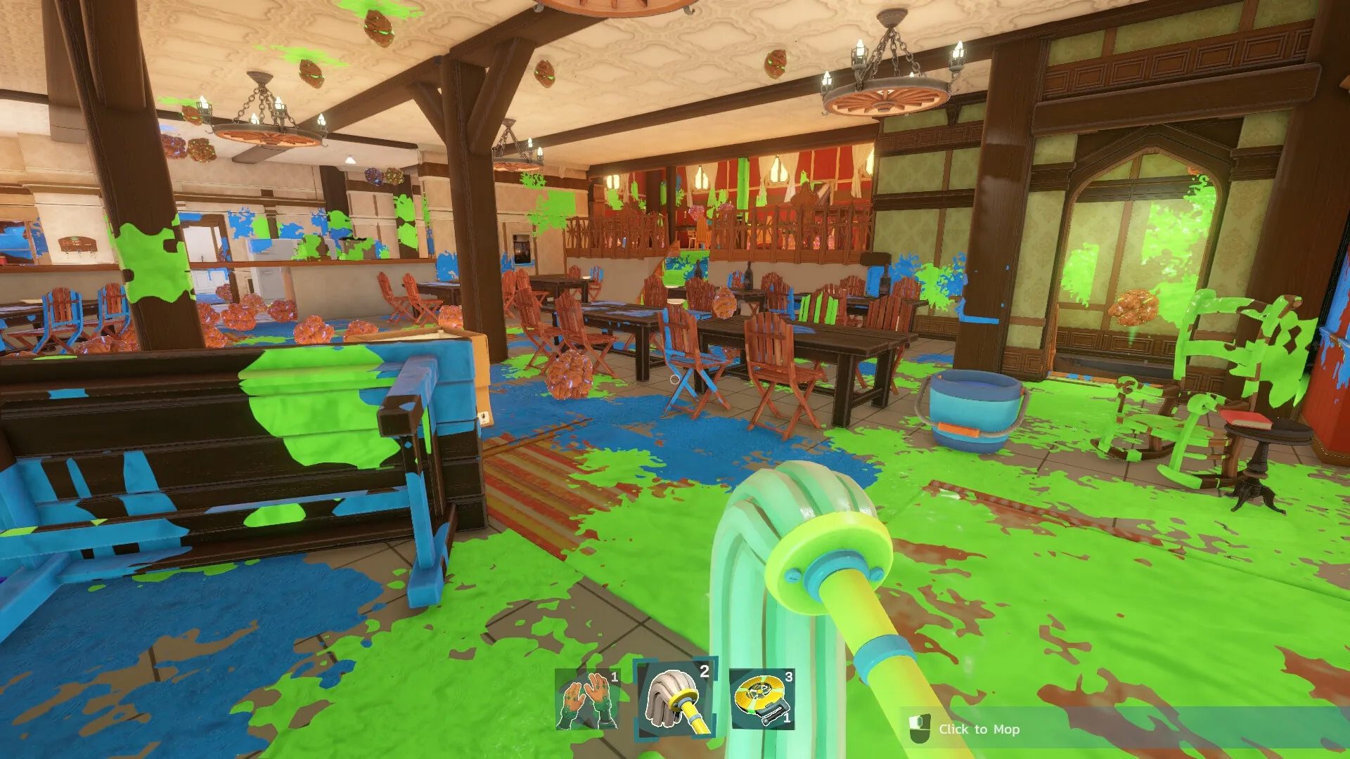 Monster Mop Up: Cleaning colorful stains in a messy room with mop and UI showing tools at bottom