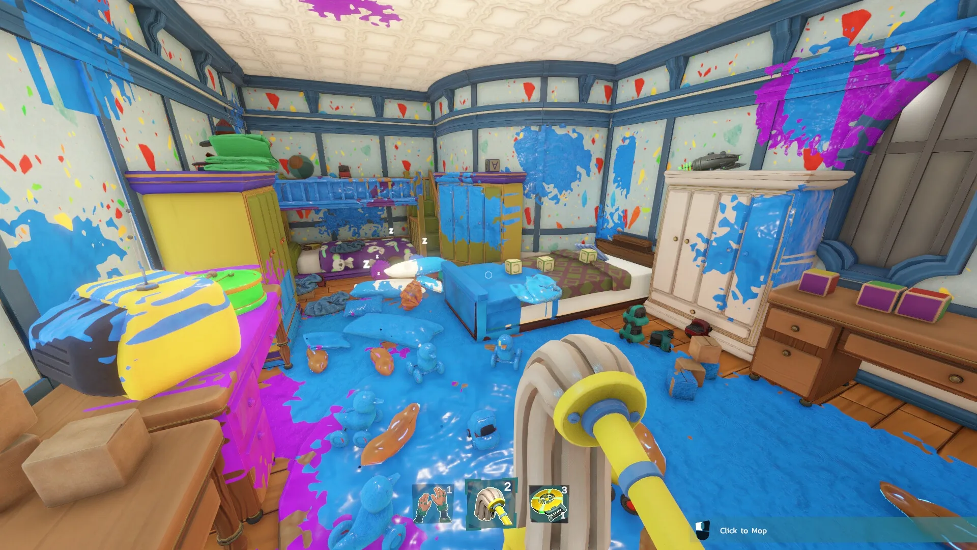 Monster Mop Up: Mop cleaning blue stains in cluttered room with toys and sleeping Ragamuffins