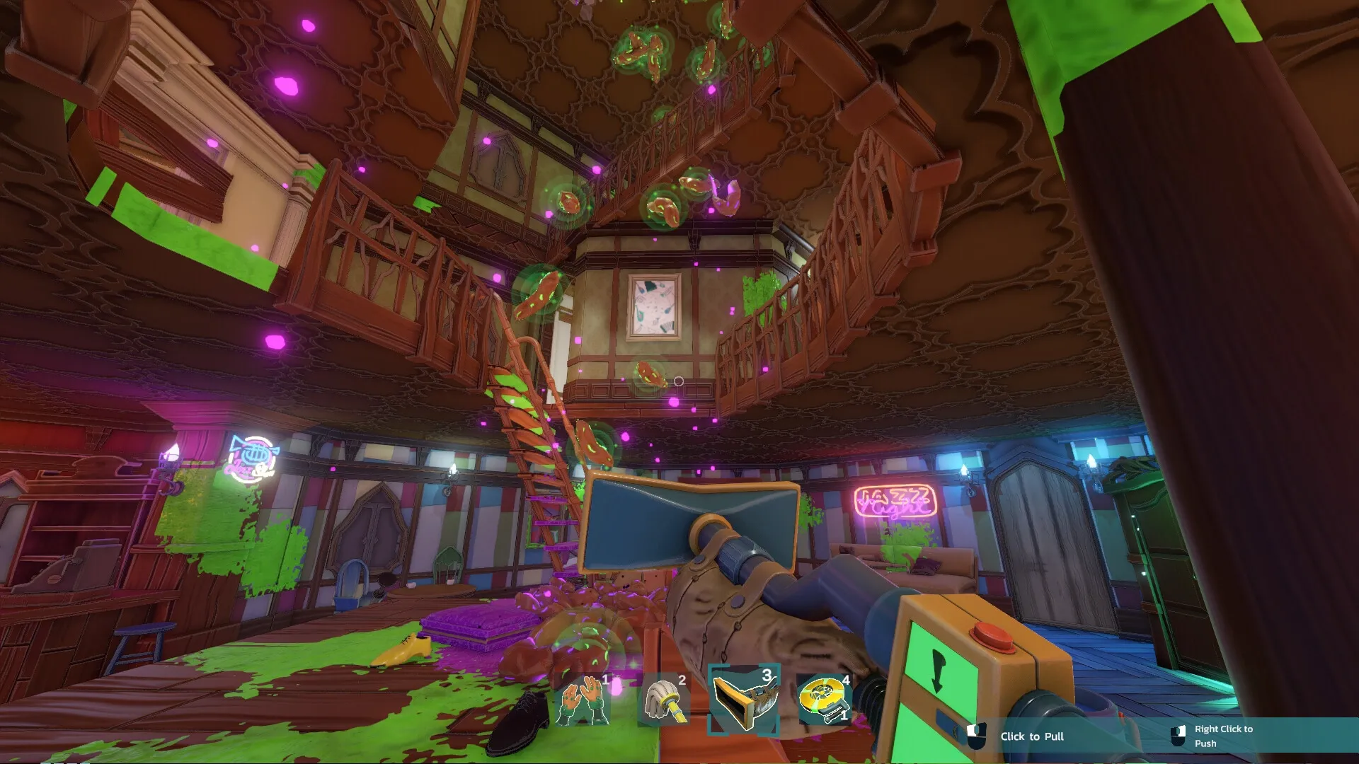 Monster Mop Up: Cleaning neon-lit room with mop tool, floating bubbles, and messy green splatters.