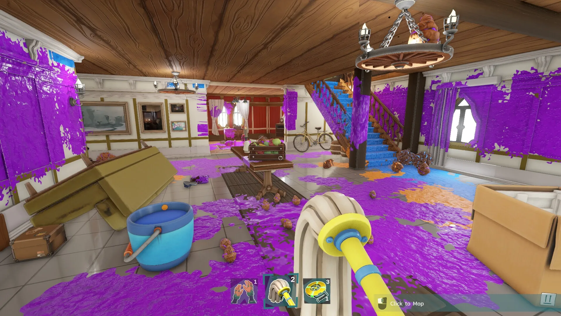 Monster Mop Up: Mop tool cleaning purple stains in a messy living room with scattered items and furniture.
