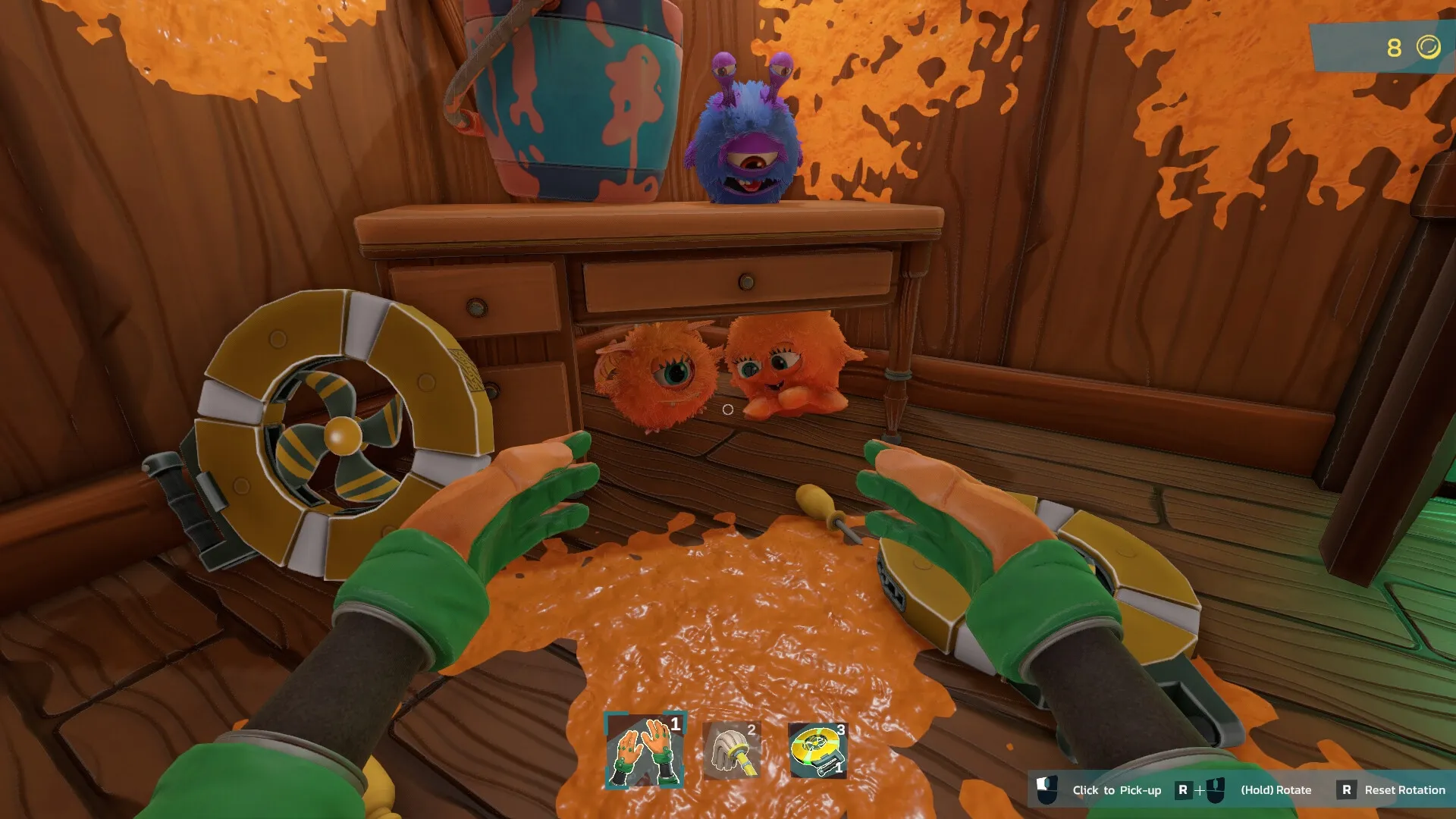 Monster Mop Up: Player cleaning orange slime with tools in a wooden room with three Ragamuffins nearby