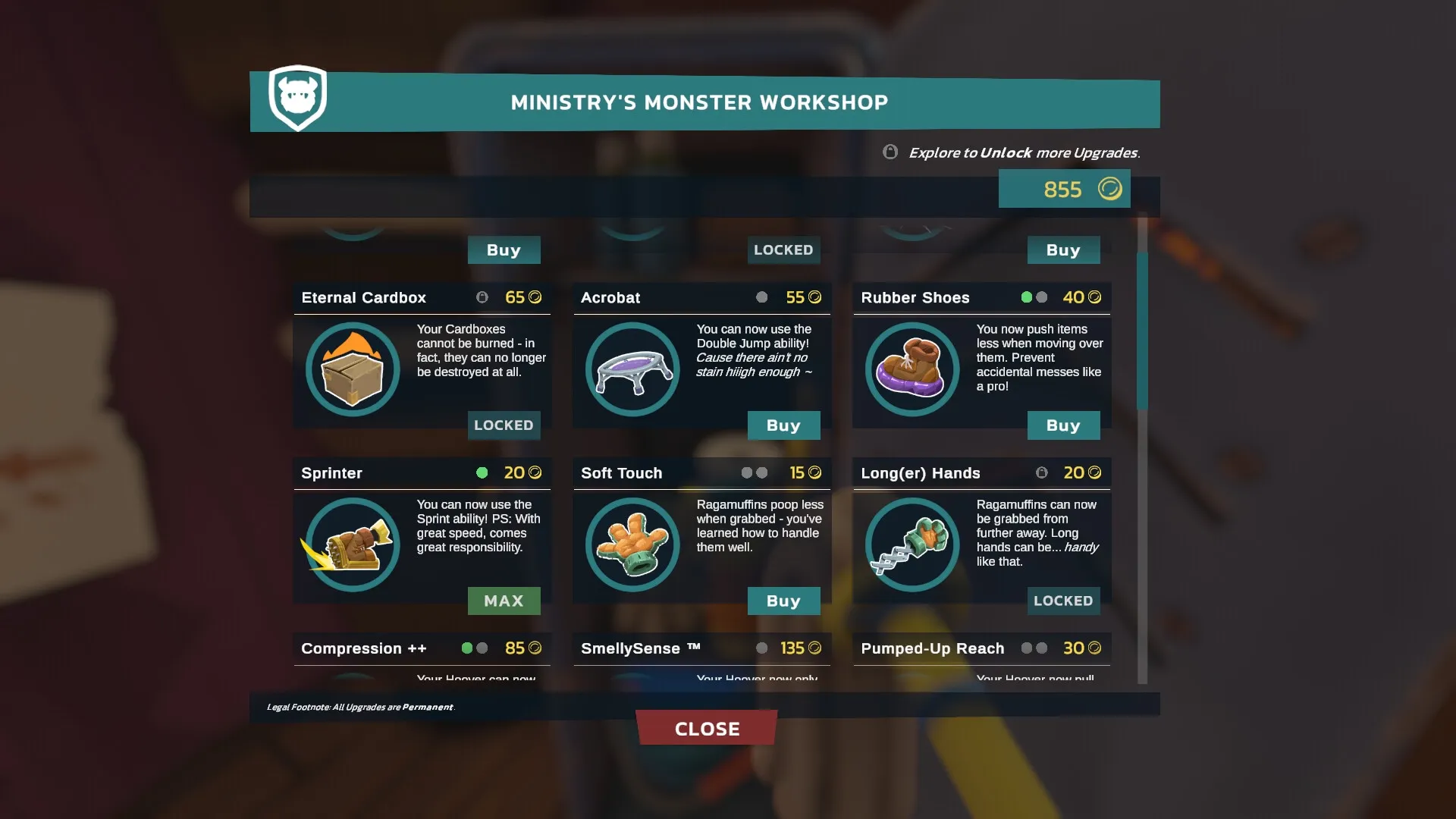 Monster Mop Up: Upgrade menu interface with various abilities and items available for purchase