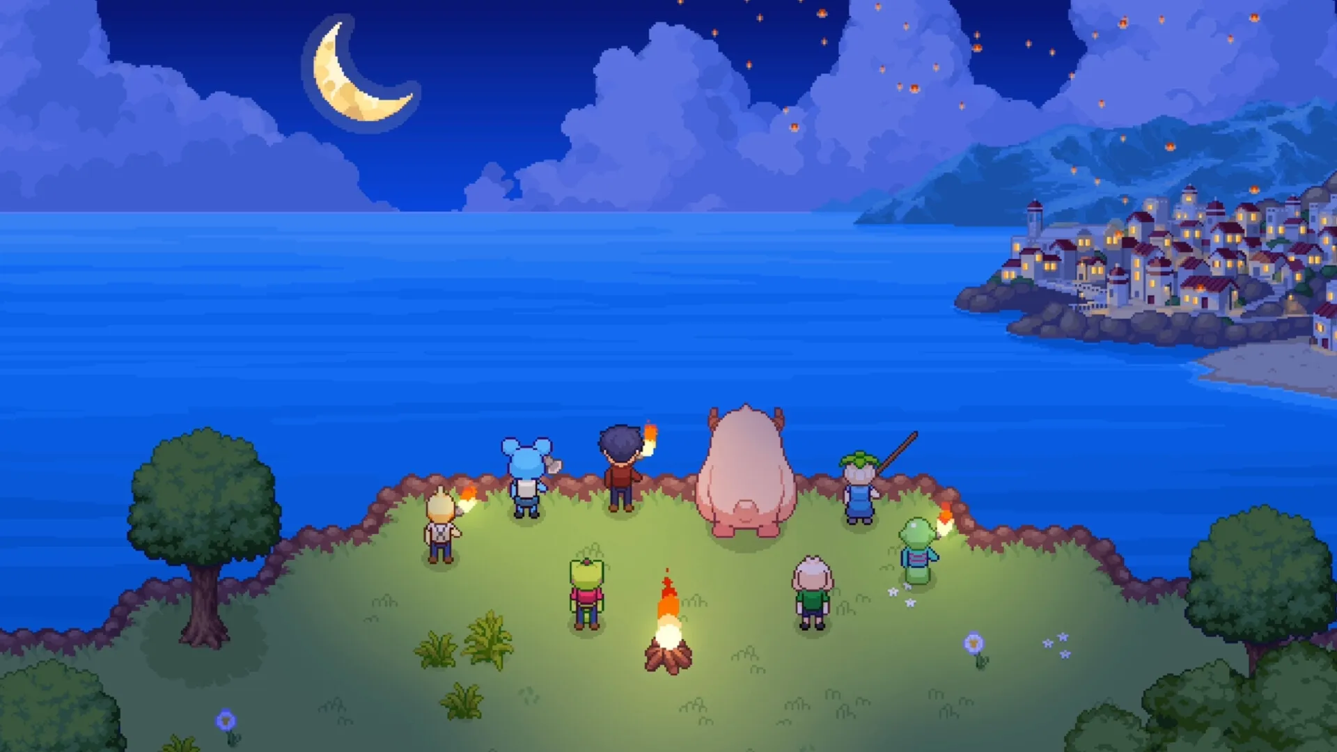 Monsterest: Characters with torches admire moonlit ocean view from cliff, village lights in distance