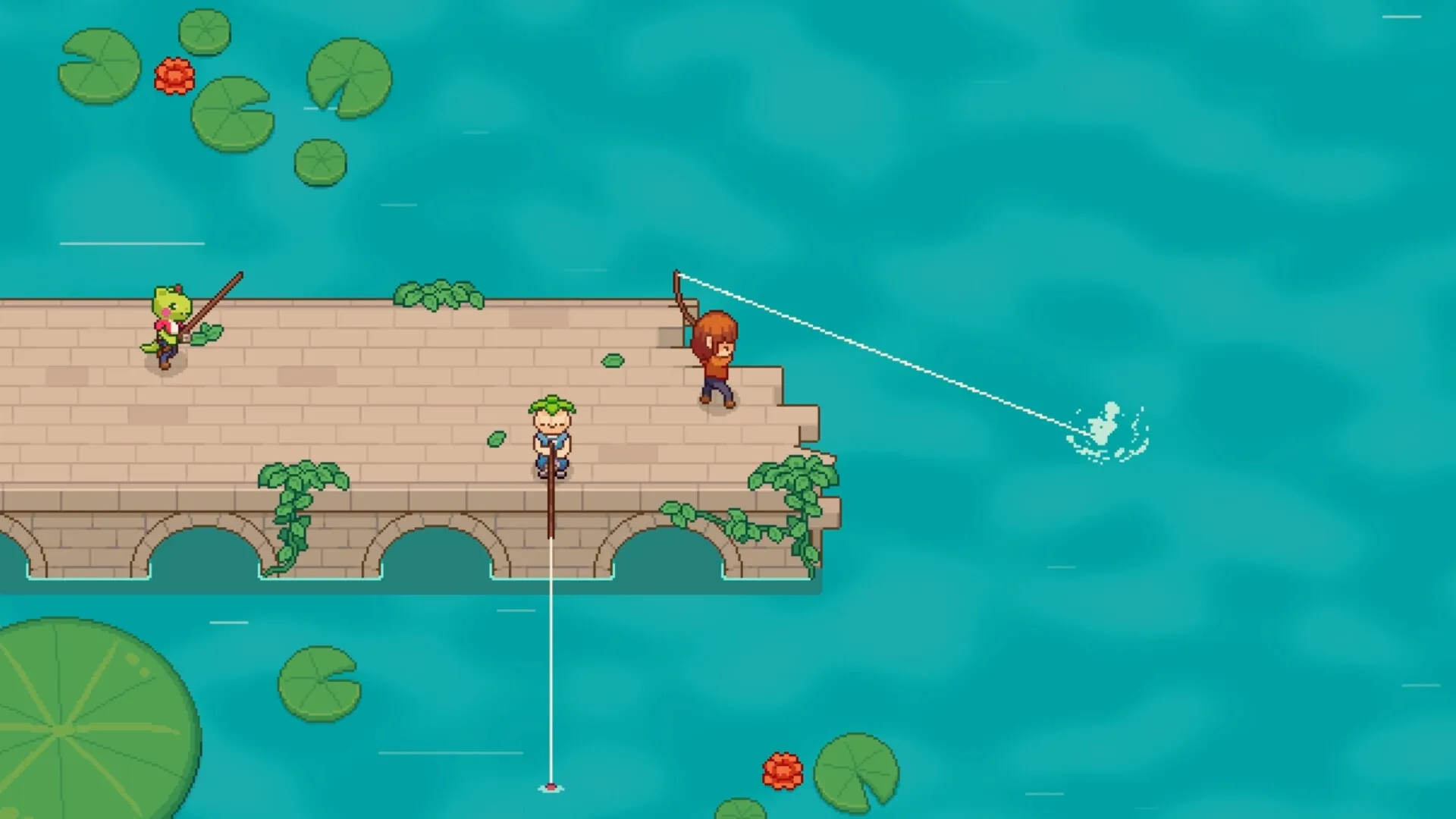 Monsterest: Three characters fishing on a stone bridge over a pond with lily pads and rippling water