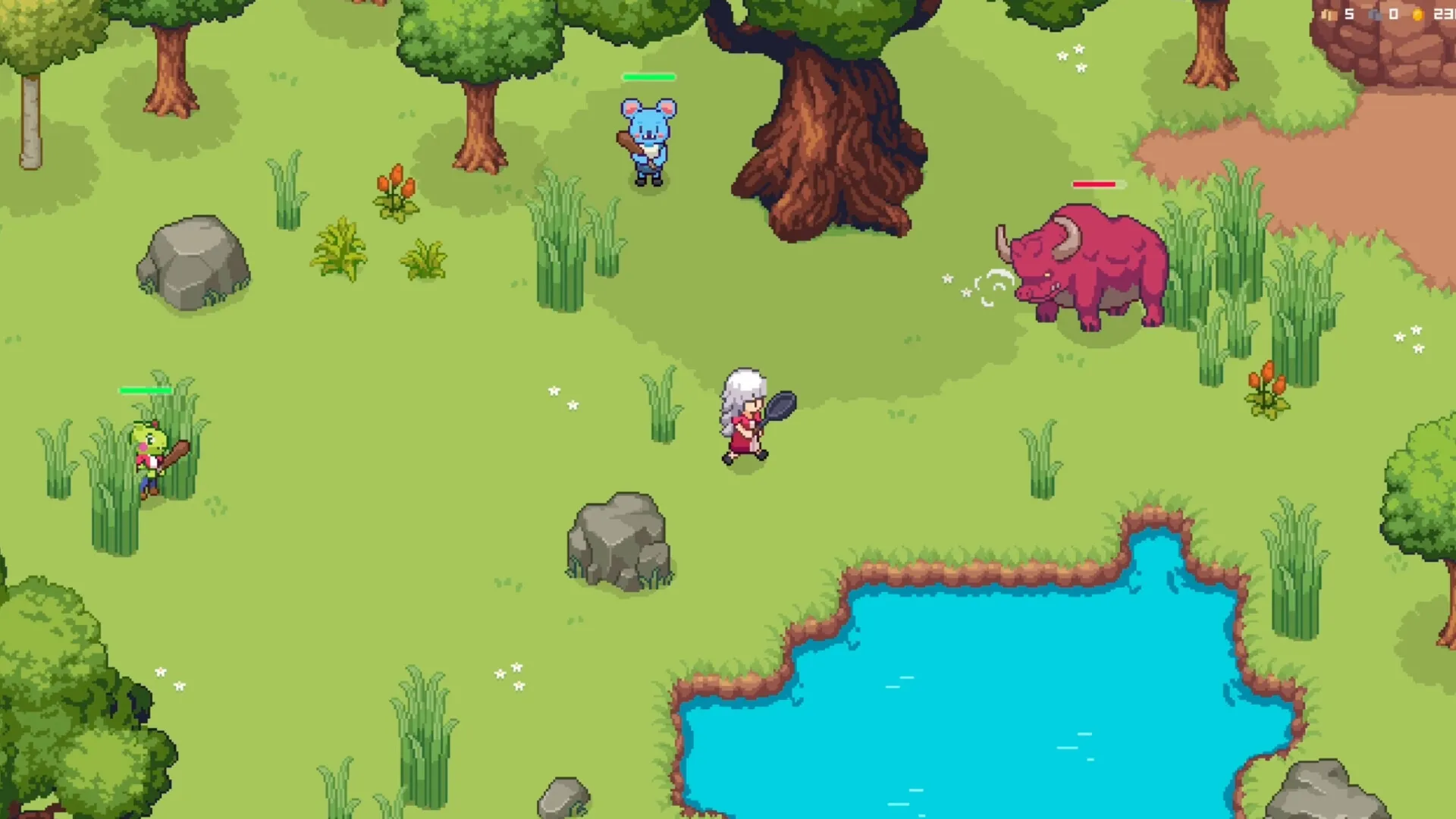 Monsterest: Player with a frying pan approaches pink monster near a pond in a grassy forest setting.