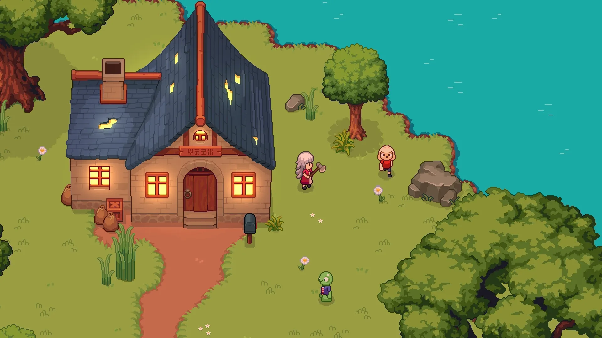 Monsterest: Character with axe near inn, two monsters outside, lush greenery, and a tranquil lake nearby.