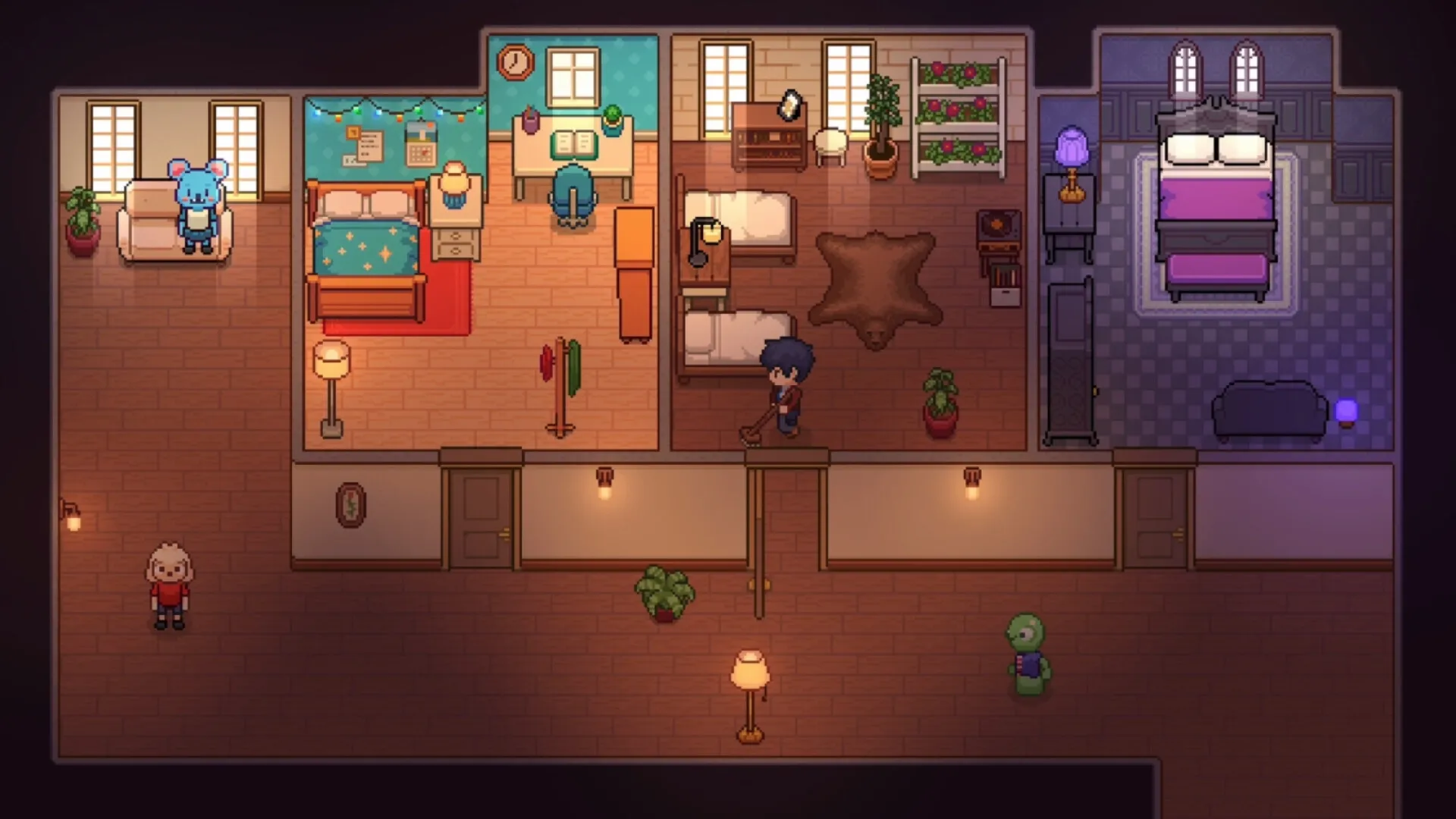 Monsterest: Player cleaning inn room with monster guests relaxing in colorful, cozy bedrooms