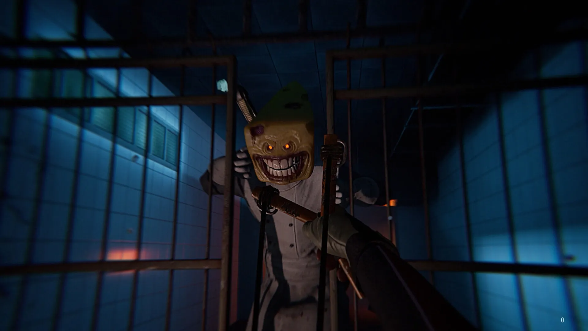 Monterey Jack: Player aims crossbow at Cheese Man in dimly lit, tiled hallway with barred doors.