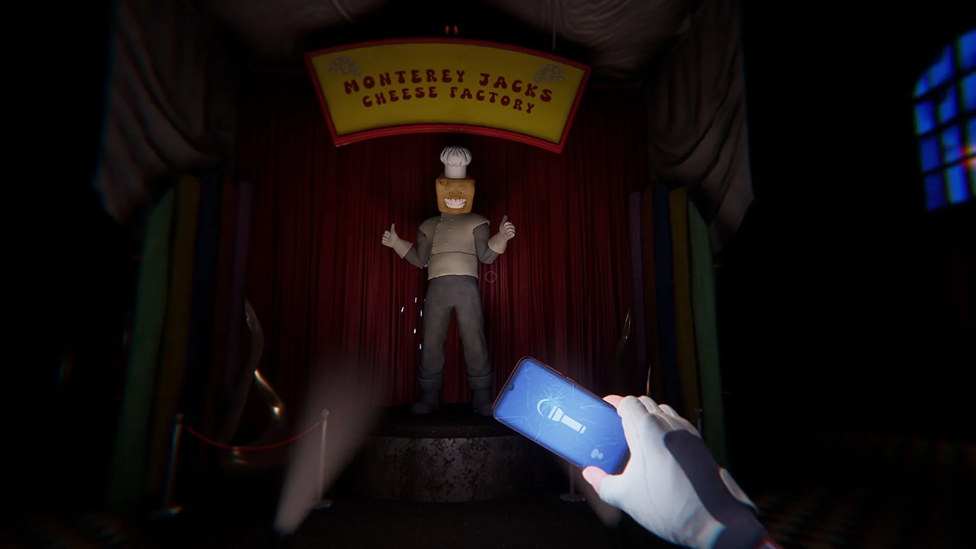 Monterey Jack: Player holds phone flashlight in dark room facing cheese statue at Monterey Jack's Cheese Factory