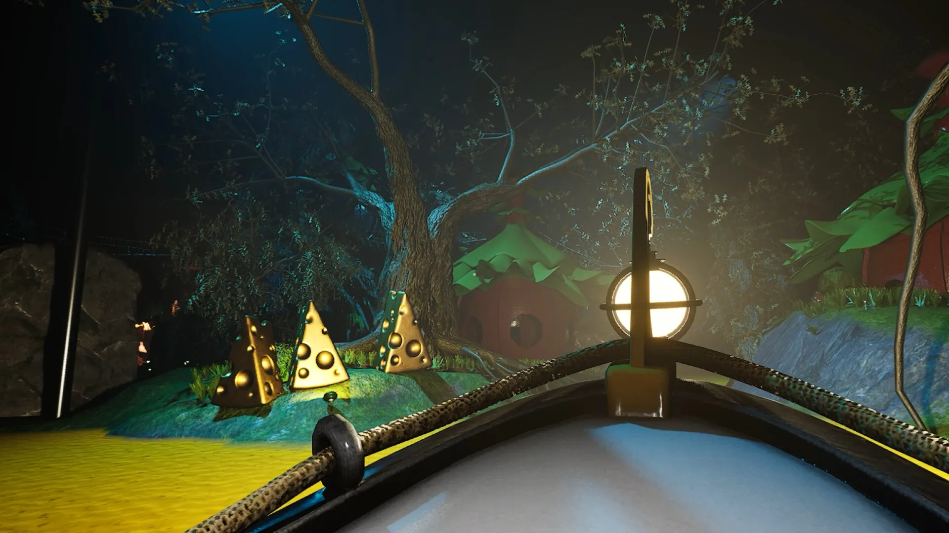Monterey Jack: Navigating through a dark forest with glowing cheese wedges and treehouse structures