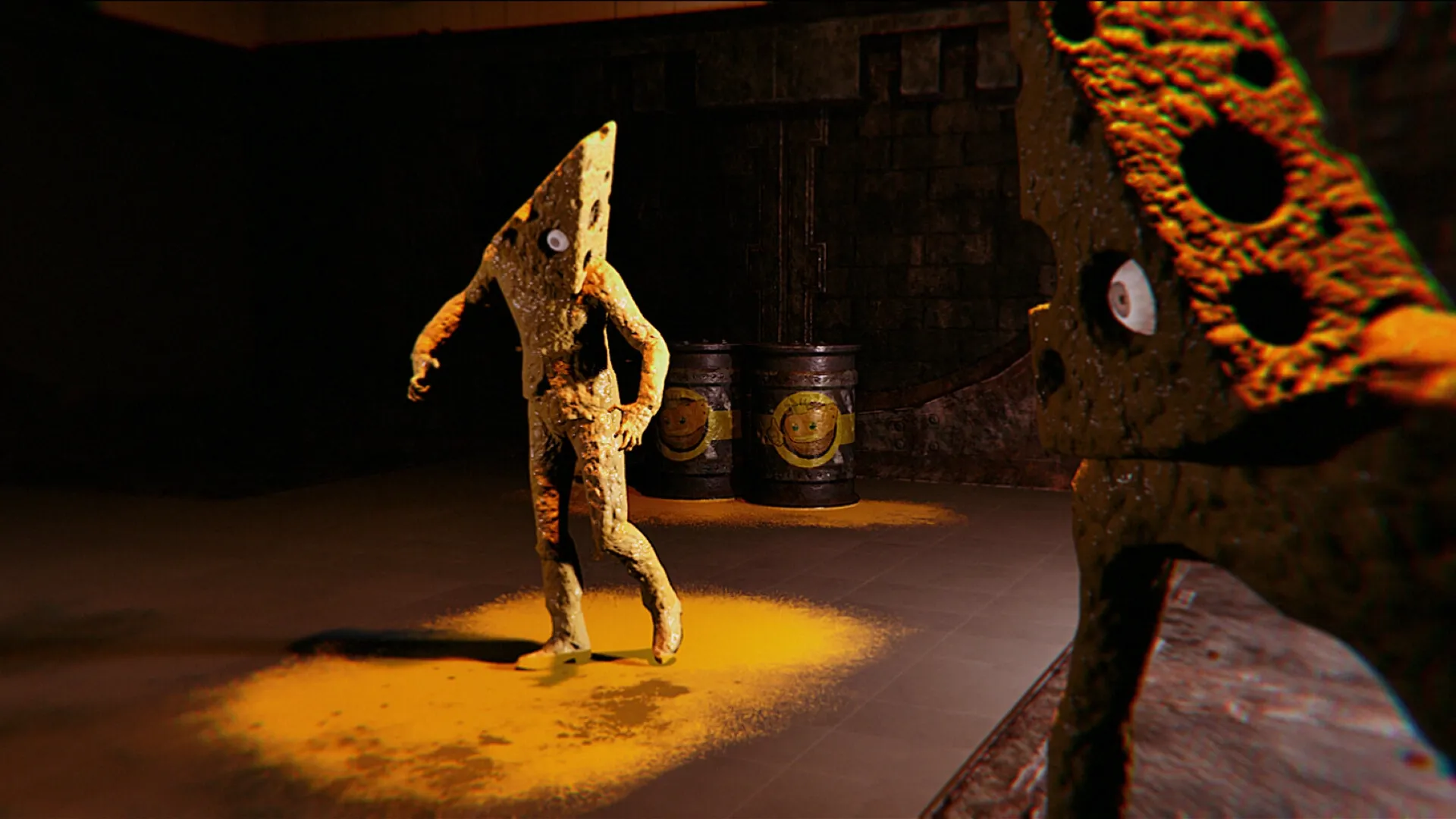 Monterey Jack: Cheese Man character running in a dimly lit warehouse with barrels in the background.