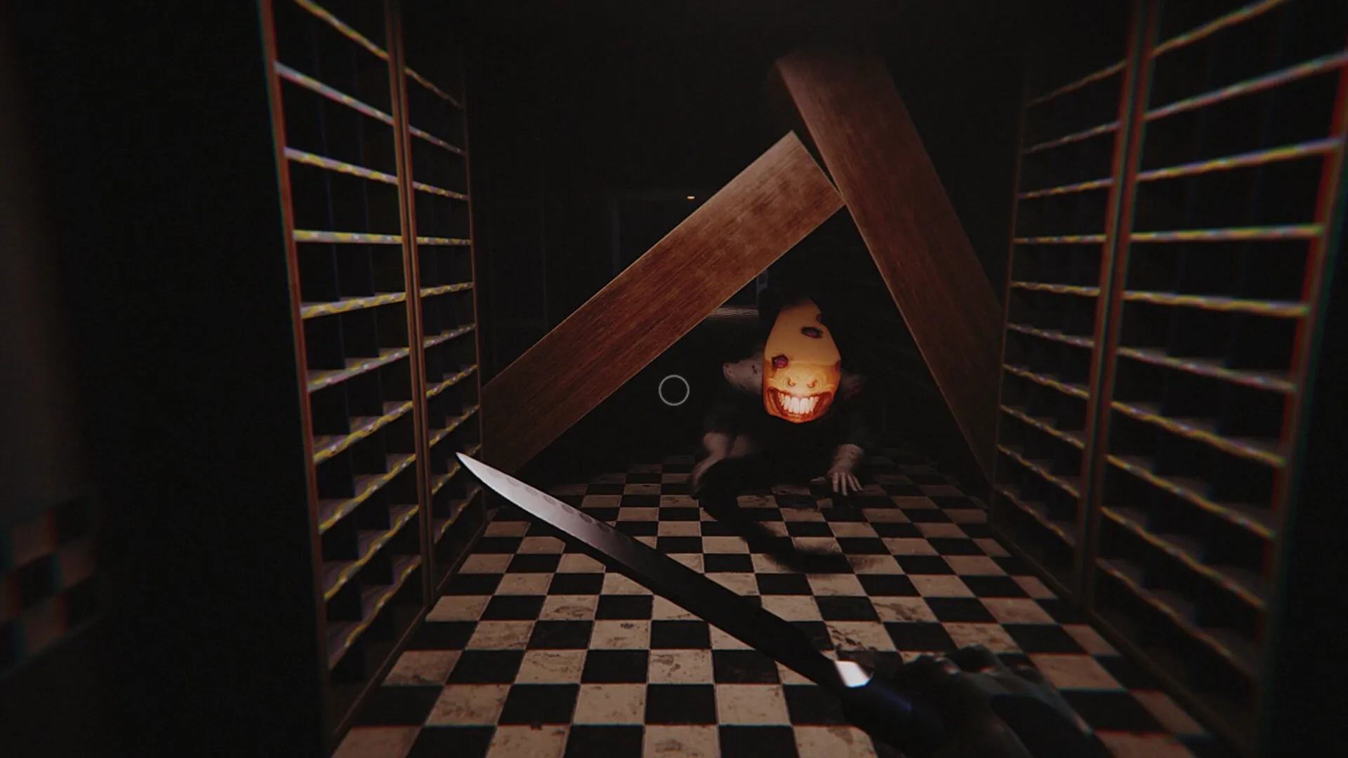 Monterey Jack: Player holding knife confronts Cheese Man in dark hallway with checkered floor.