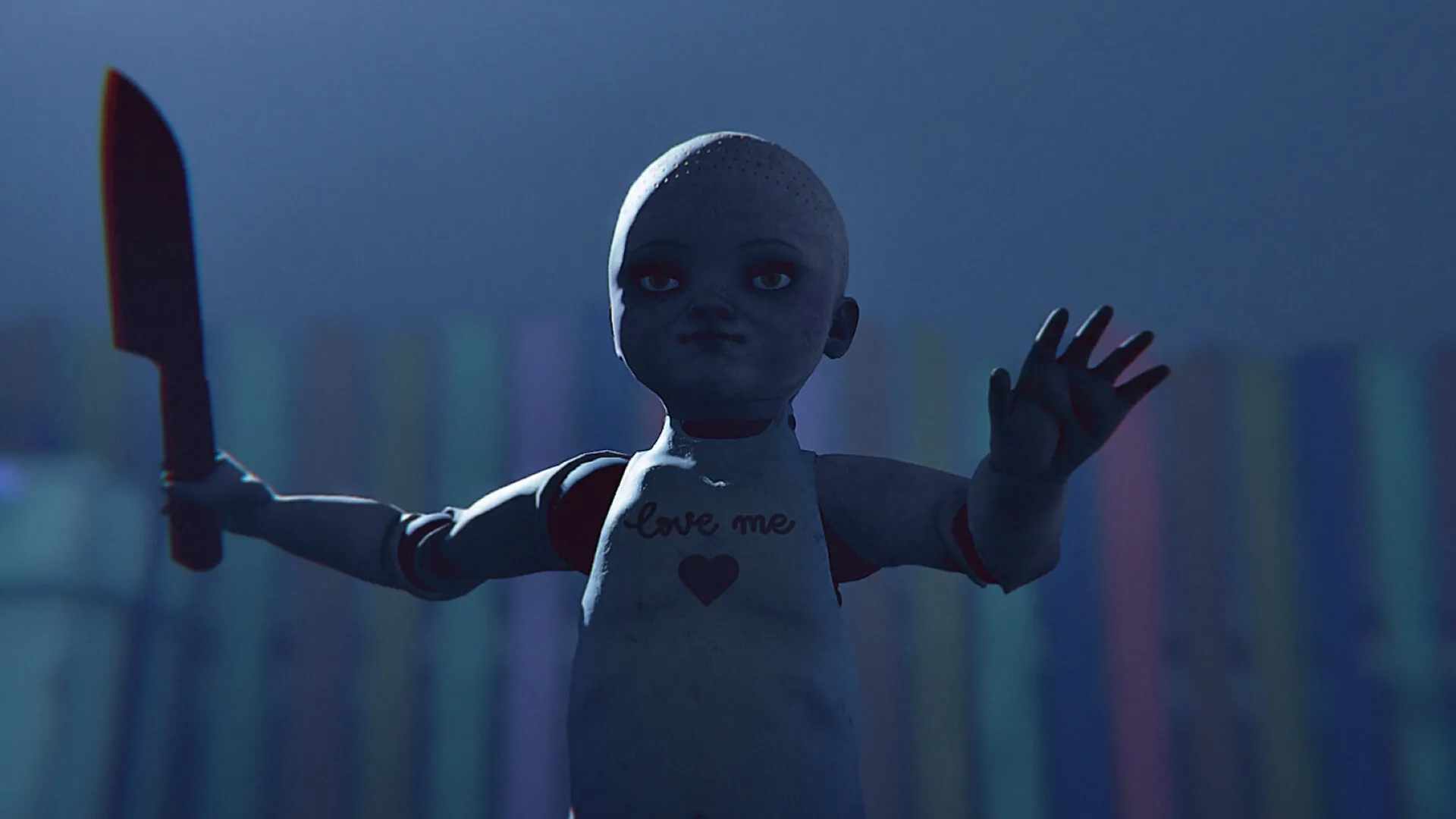 Monterey Jack: Creepy doll wielding knife in dimly lit room with colorful striped background