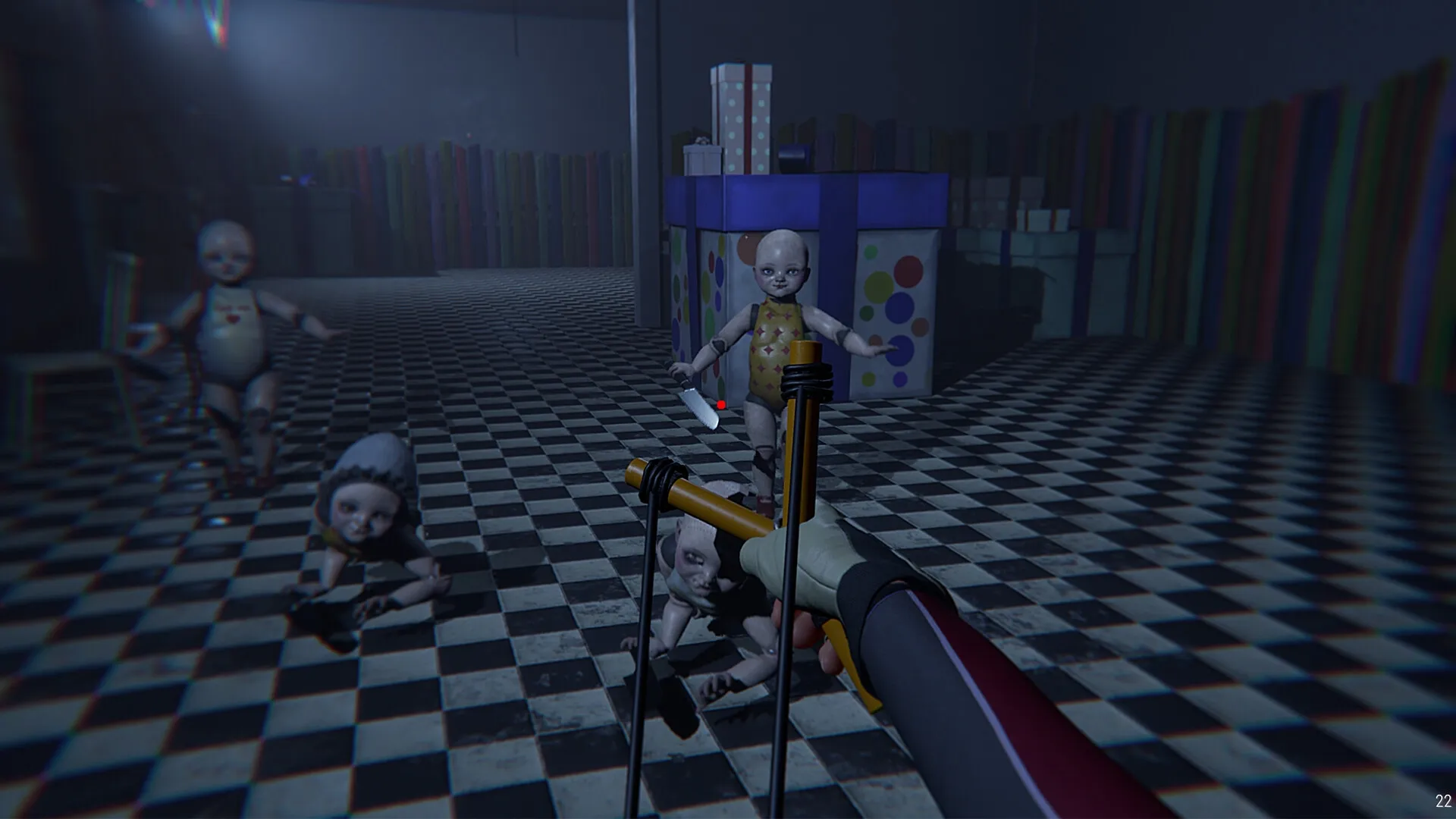 Monterey Jack: Player aims slingshot at creepy dolls in dimly lit room with checkered floor and gifts.