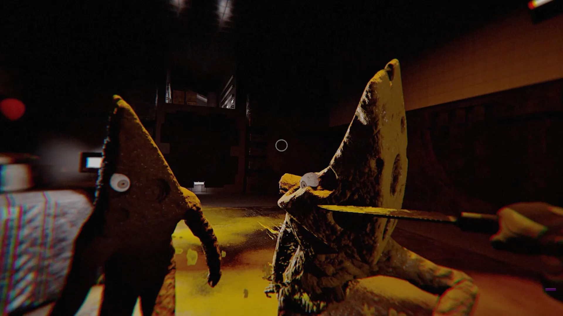 Monterey Jack: Player holding knife in dark, eerie basement with shadowy figure approaching