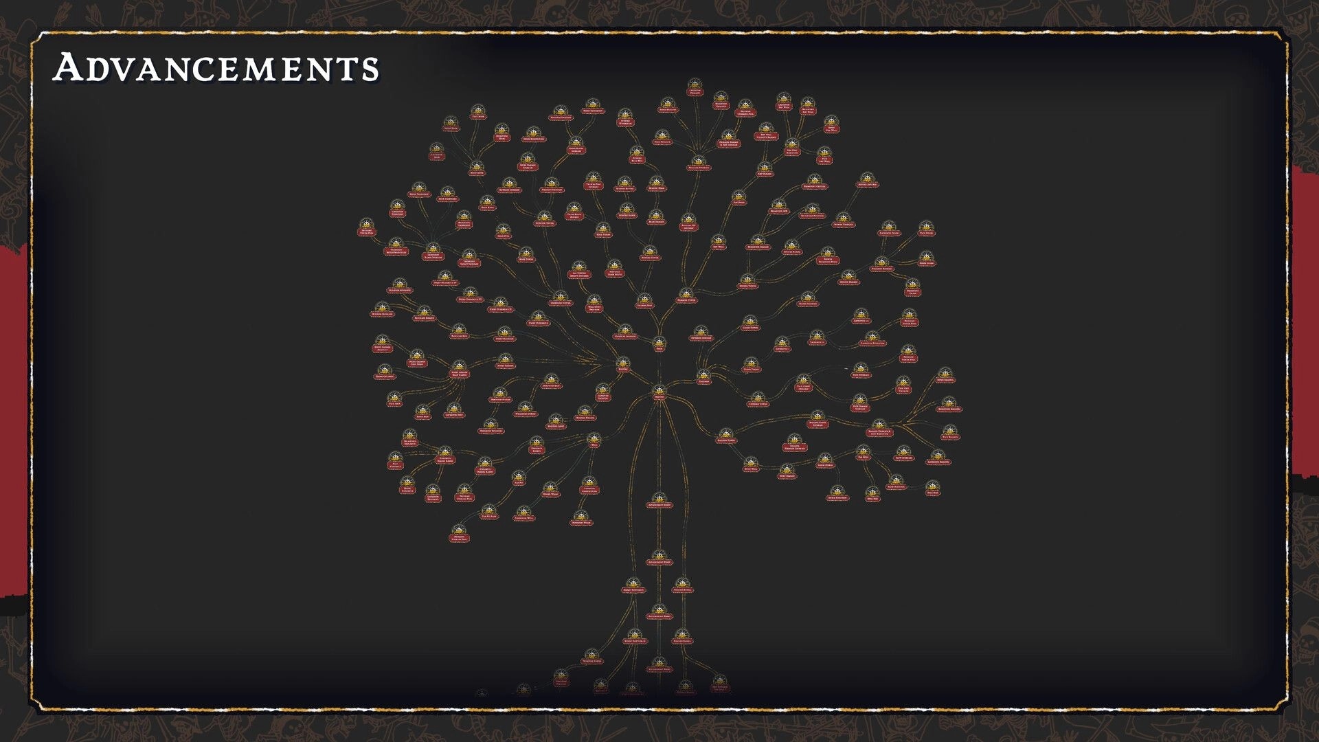 Monuments to Ruin: Advancement tree interface displaying a branching skill system in a dark setting.