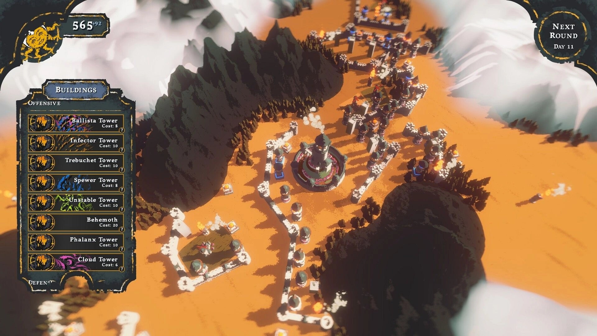 Monuments to Ruin: Strategic defense layout with tower options in a mountainous, foggy landscape.