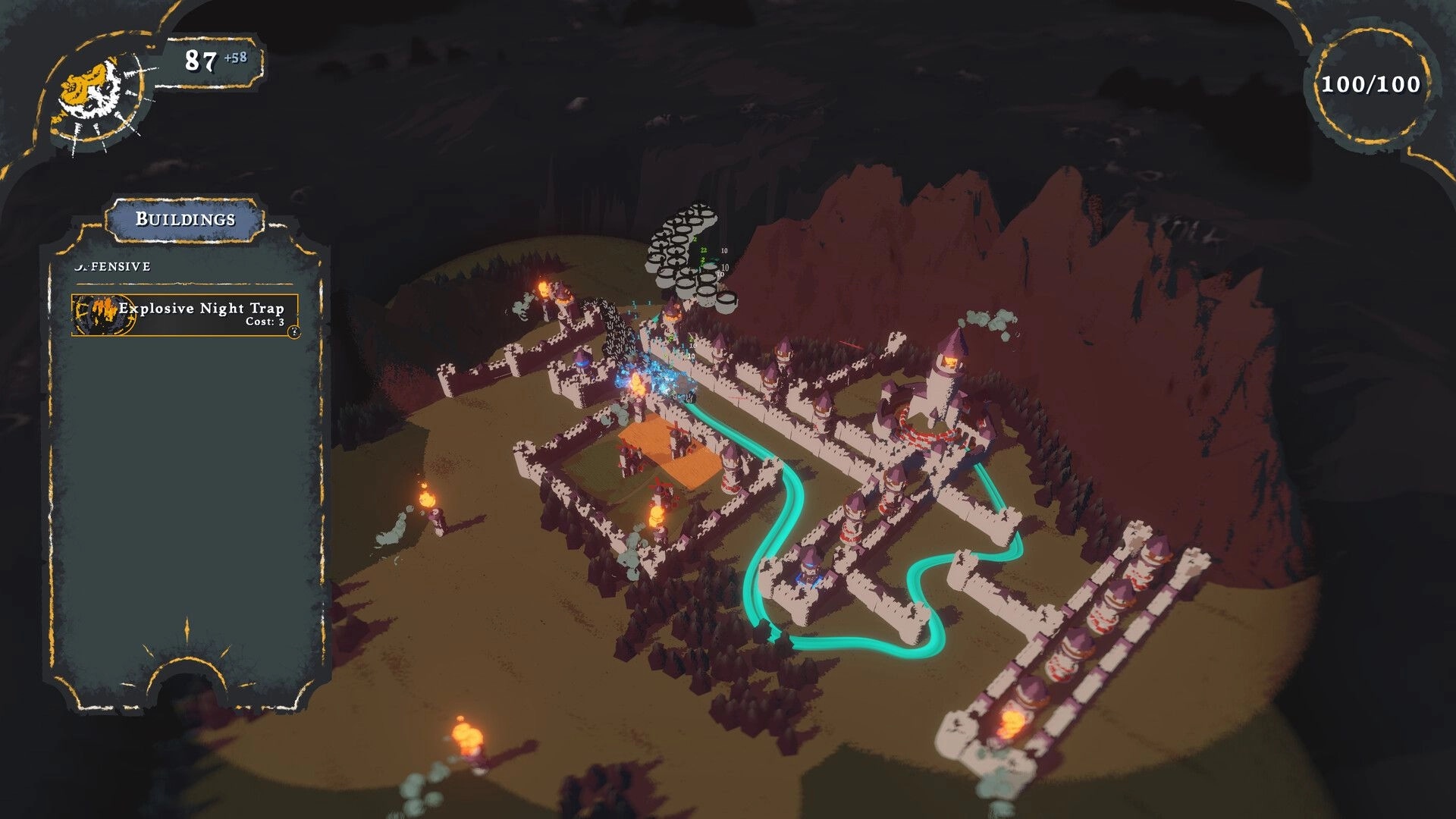 Monuments to Ruin: Overhead view of fortified village with active building menu and resource counters