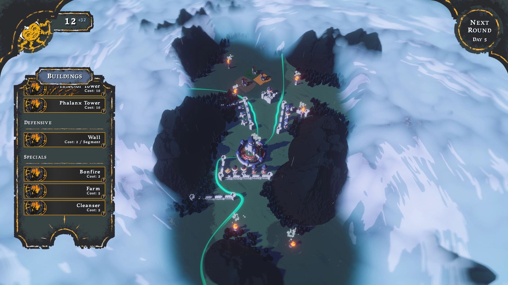 Monuments to Ruin: Aerial view of foggy battlefield with defense towers and building menu on display