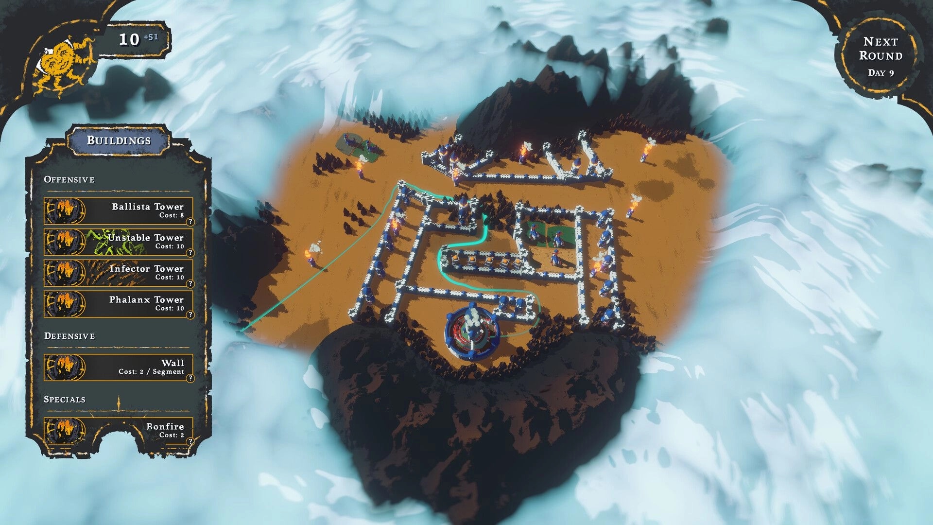 Monuments to Ruin: Aerial view of maze-like defenses with tower options menu surrounded by dense fog.