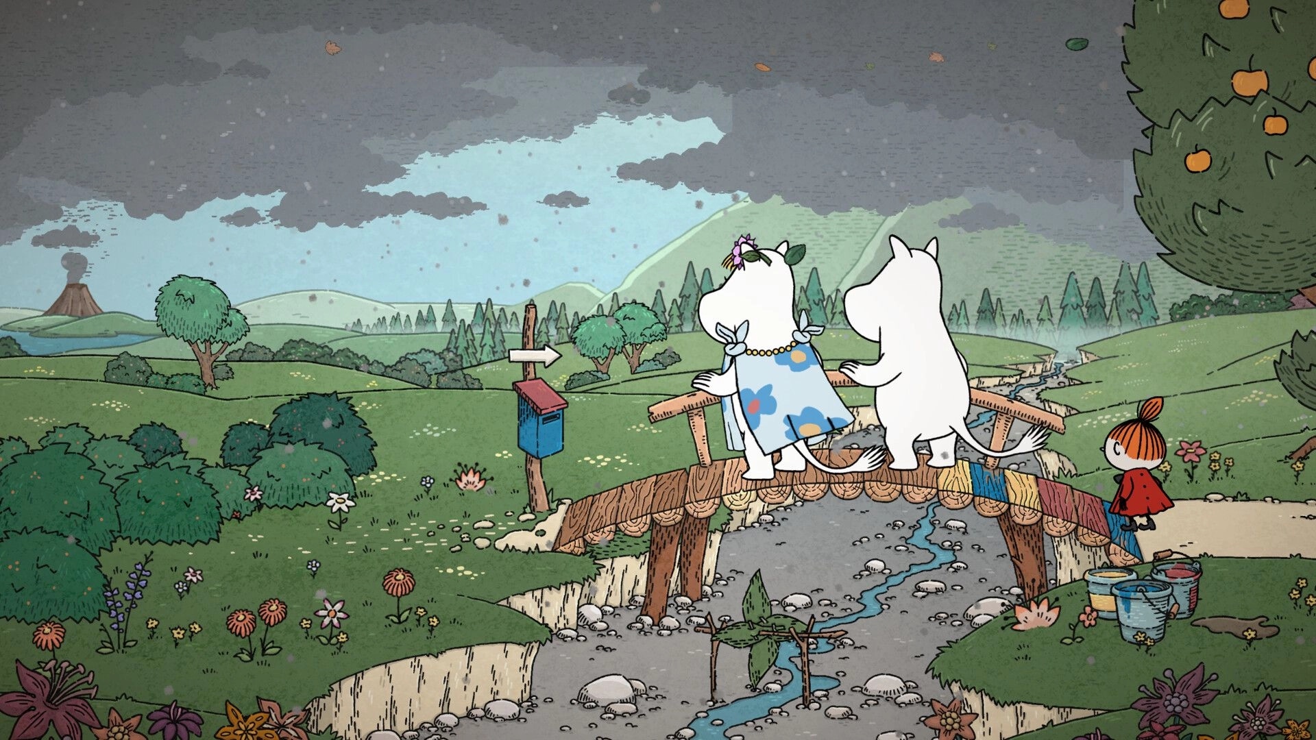 Moomin: Moominmamma and Moominpappa on a bridge by a stream, Little My nearby in hills.