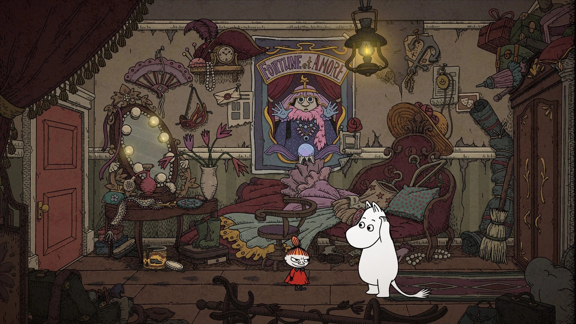 Moomin: Moomin and Little My stand in a cluttered dressing room with vanity, bed, posters.