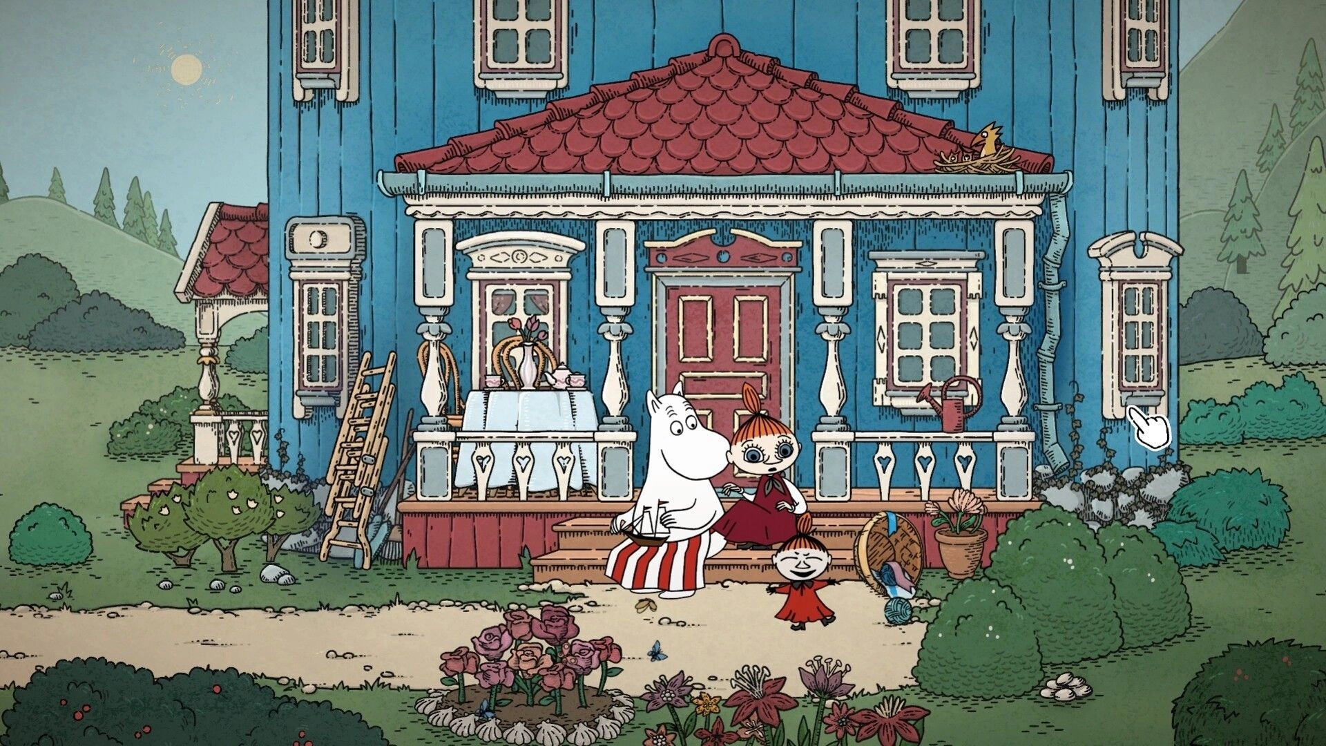 Moomin: Moomin and Little My sit on porch steps outside a blue house, cursor over garden scene.