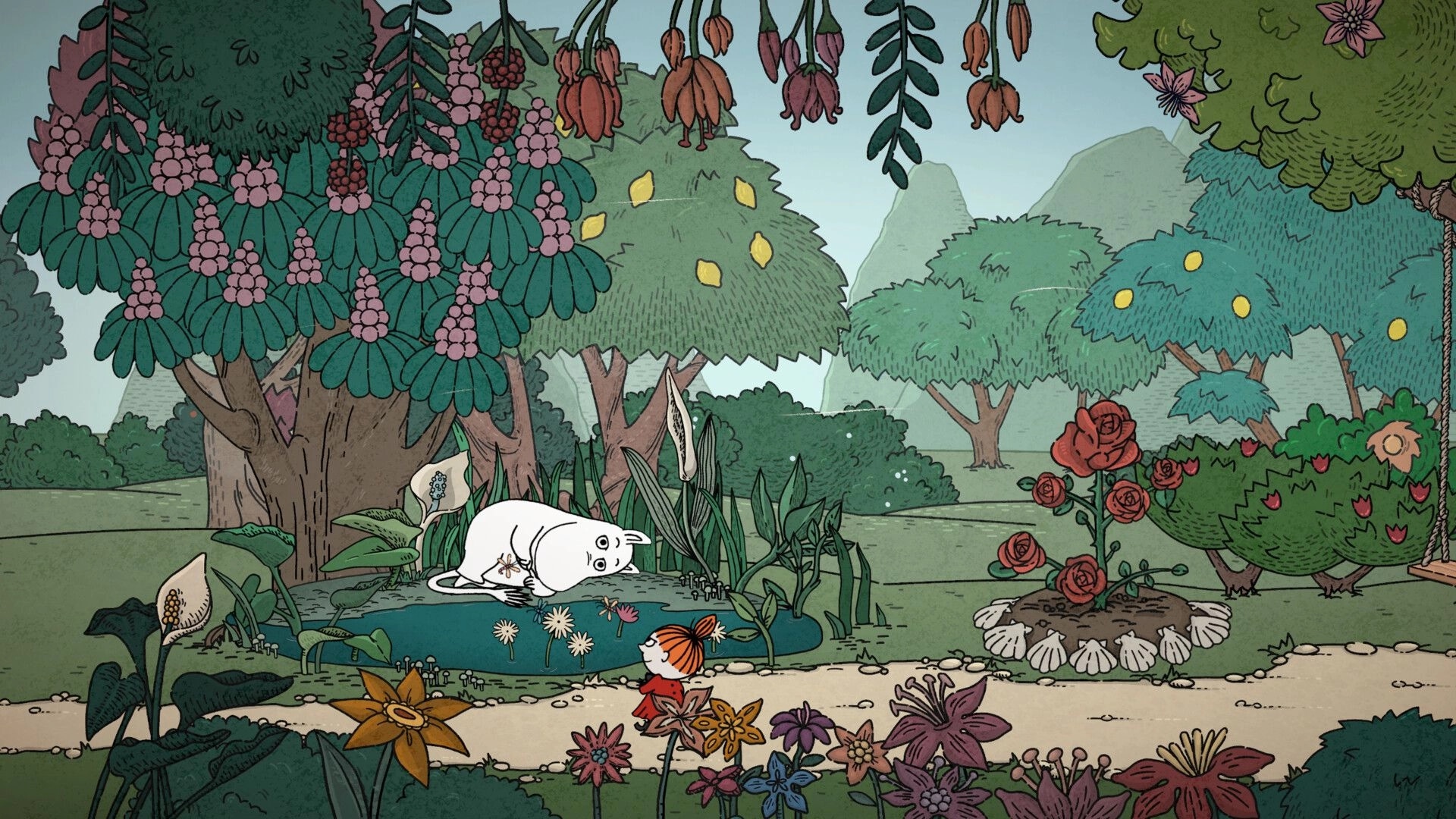 Moomin: Moominmamma kneels by a pond as Little My walks past in a lush flower garden.