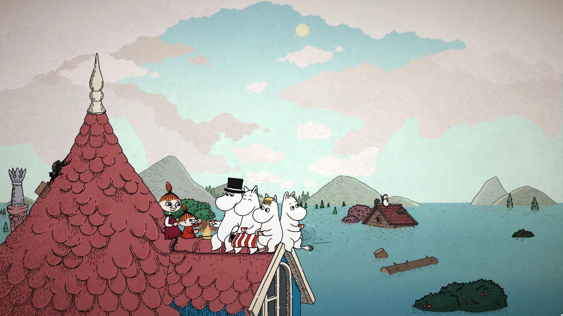 Moomin: Moomin family and Little My sit on a rooftop as floodwaters cover the valley below.