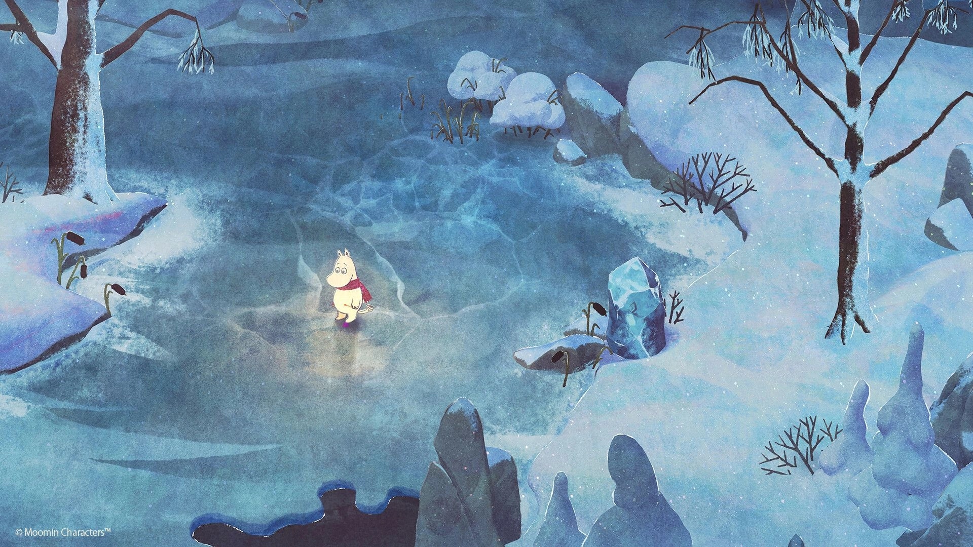 Moomintroll: Exploring a frozen pond in a snowy forest, surrounded by frosted trees and icy rocks.