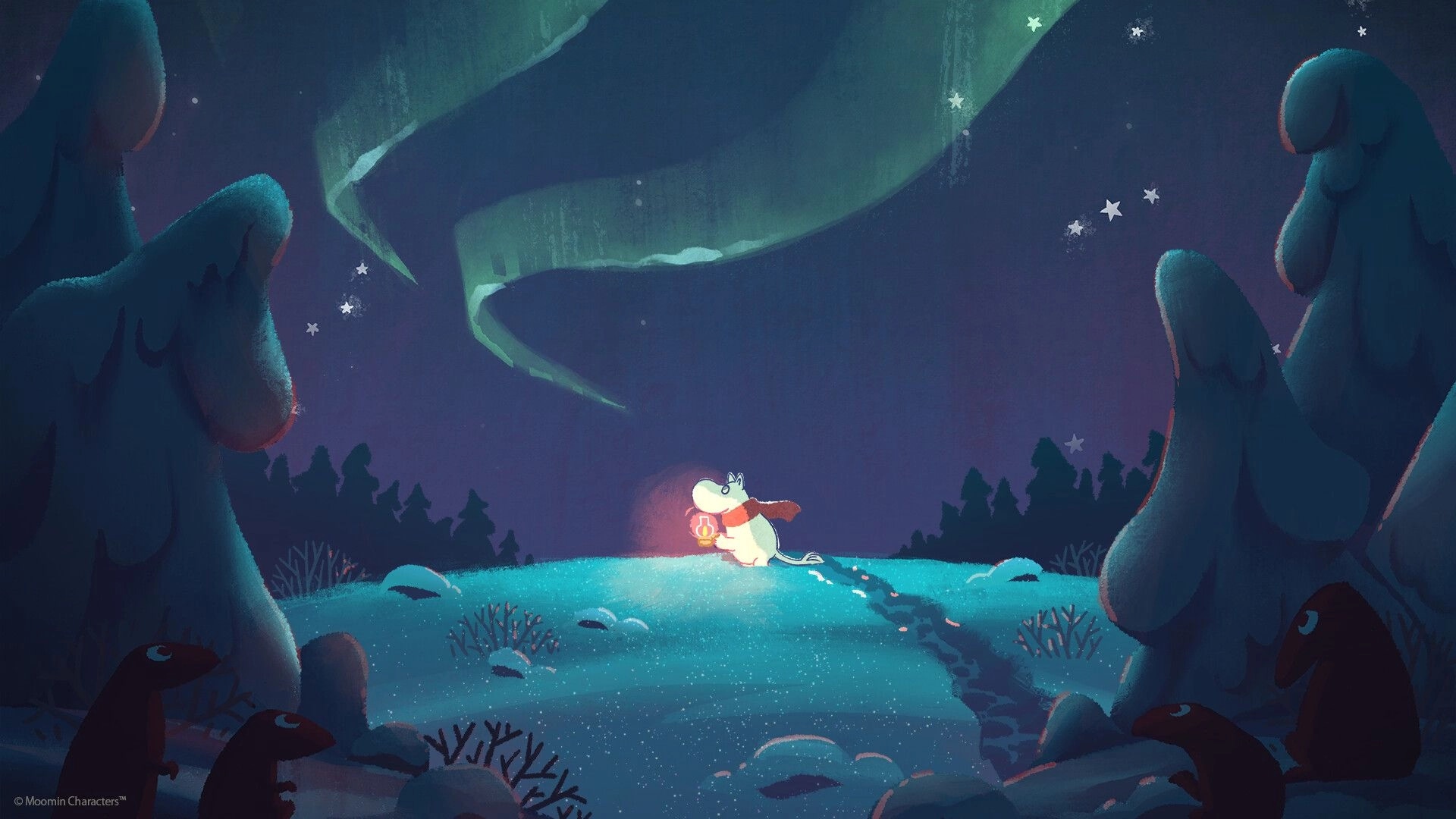 Moomintroll: Walking through snowy forest with lantern under northern lights in winter night scene