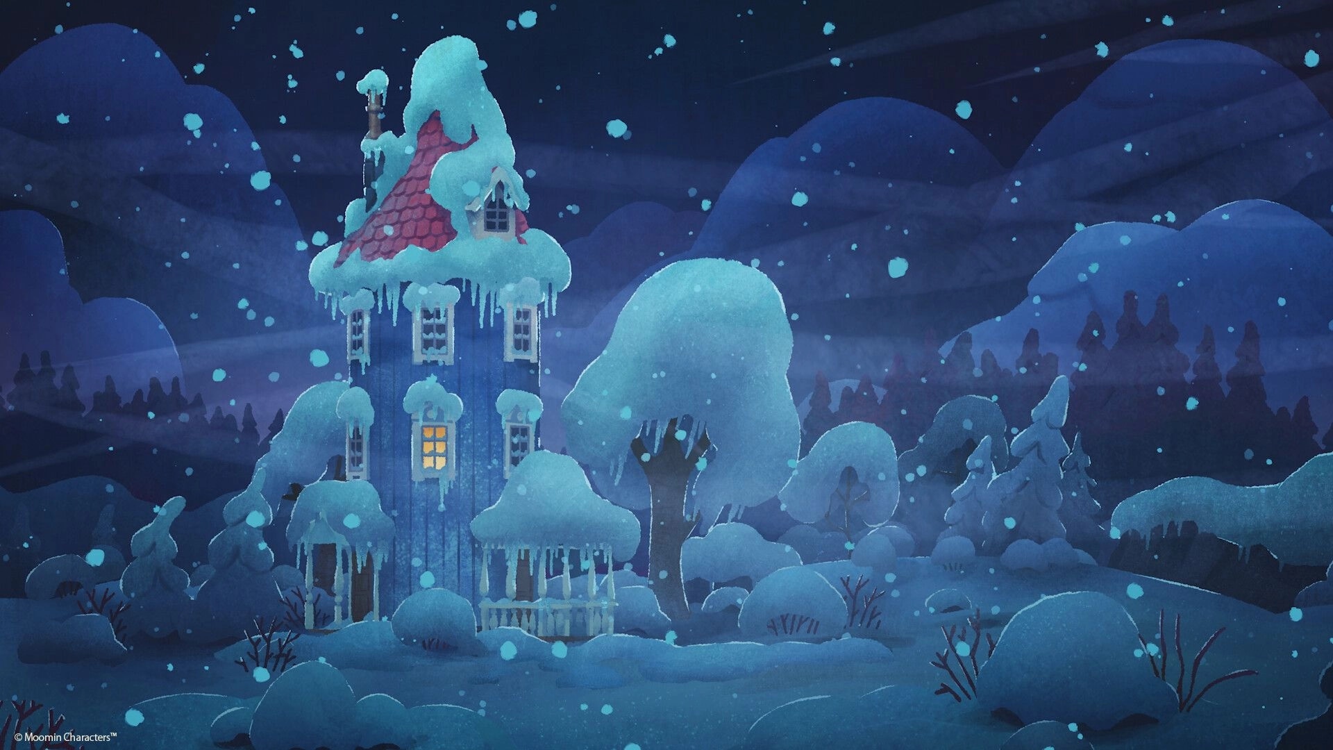Moomintroll: Snow-covered house with glowing windows in a serene, wintry forest setting at night.