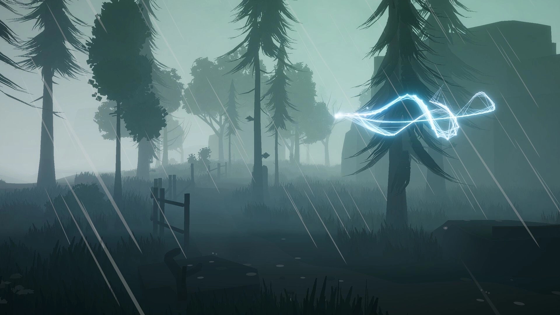 Moon and Away: Mysterious glowing shape floats in a rainy, foggy forest environment