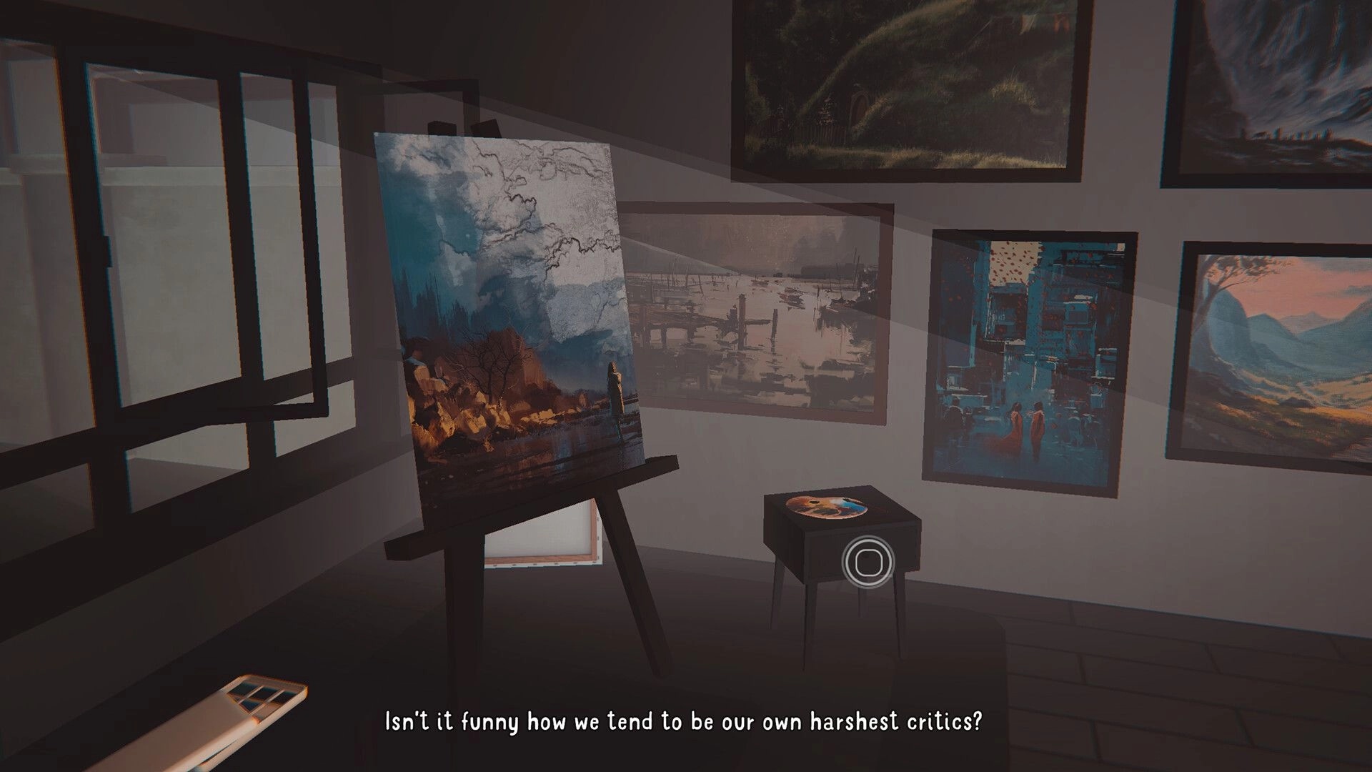 Moon and Away: Art studio with paintings on walls, easel in center, and dialogue text at the bottom.